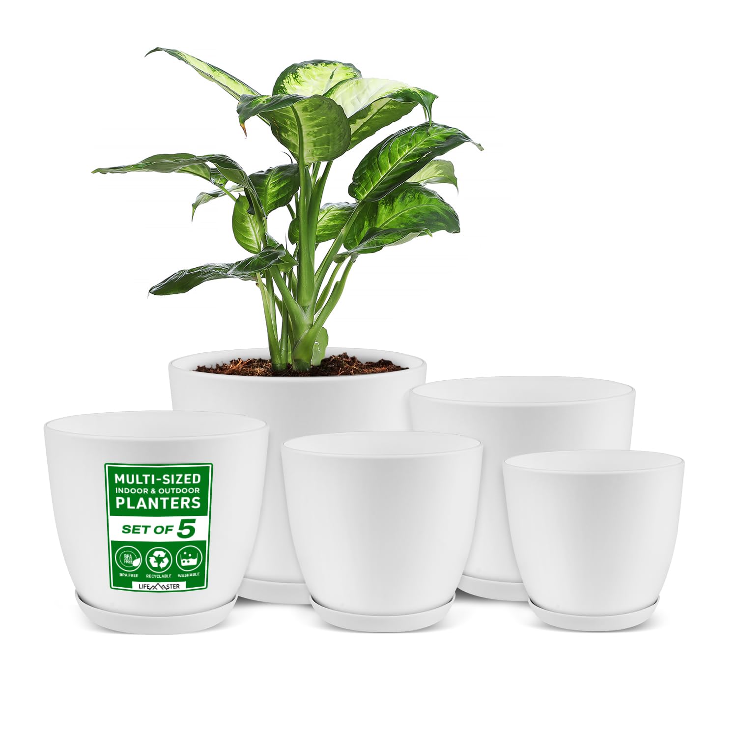 Juego De Macetas Lifemaster Ecológico, Paquete De 5 Con Orificios De Drenaje - Venta Internacional.