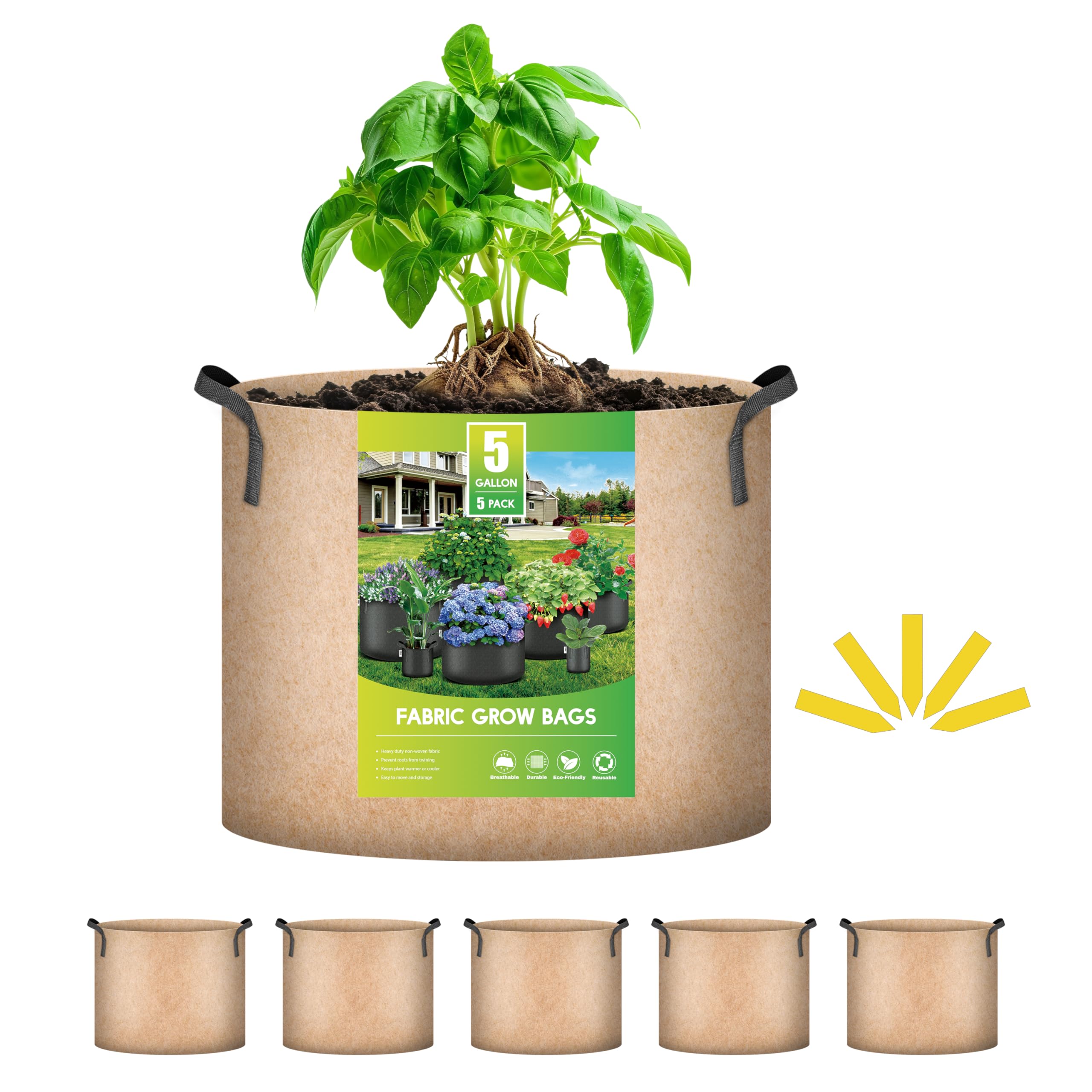 Foto 2 pulgar | Plant Grow Bags Ipower, Paquete De 5 Unidades, 19 Litros, Tela De Aireación No Tejida, Color Canela - Venta Internaci