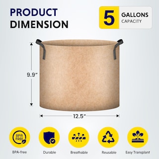 Foto 2 | Plant Grow Bags Ipower, Paquete De 5 Unidades, 19 Litros, Tela De Aireación No Tejida, Color Canela - Venta Internaci