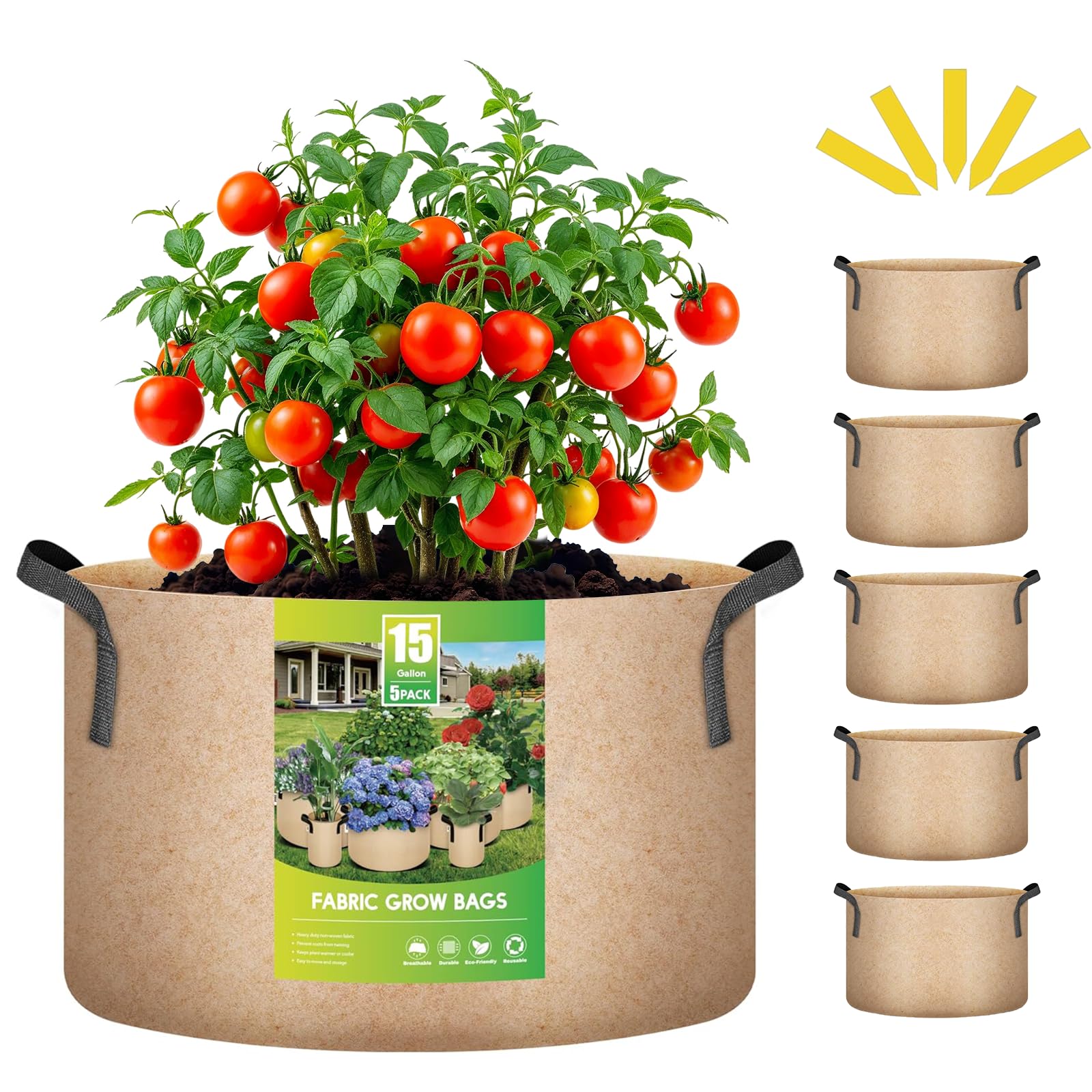 Paquete De 5 Unidades De Tela No Tejida Grow Bags Ipower De 15 Galones (56,78 Litros) - Venta Internacional.
