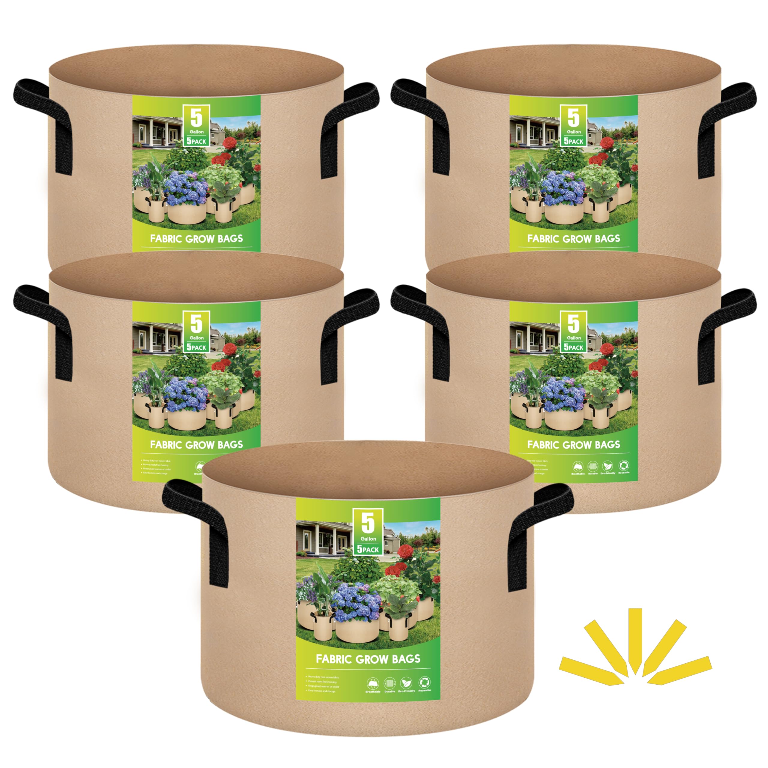 Grow Bags Ipower, Paquete De 5 Unidades, 19 Litros, Tela No Tejida, Color Canela, Con Asa - Venta Internacional.