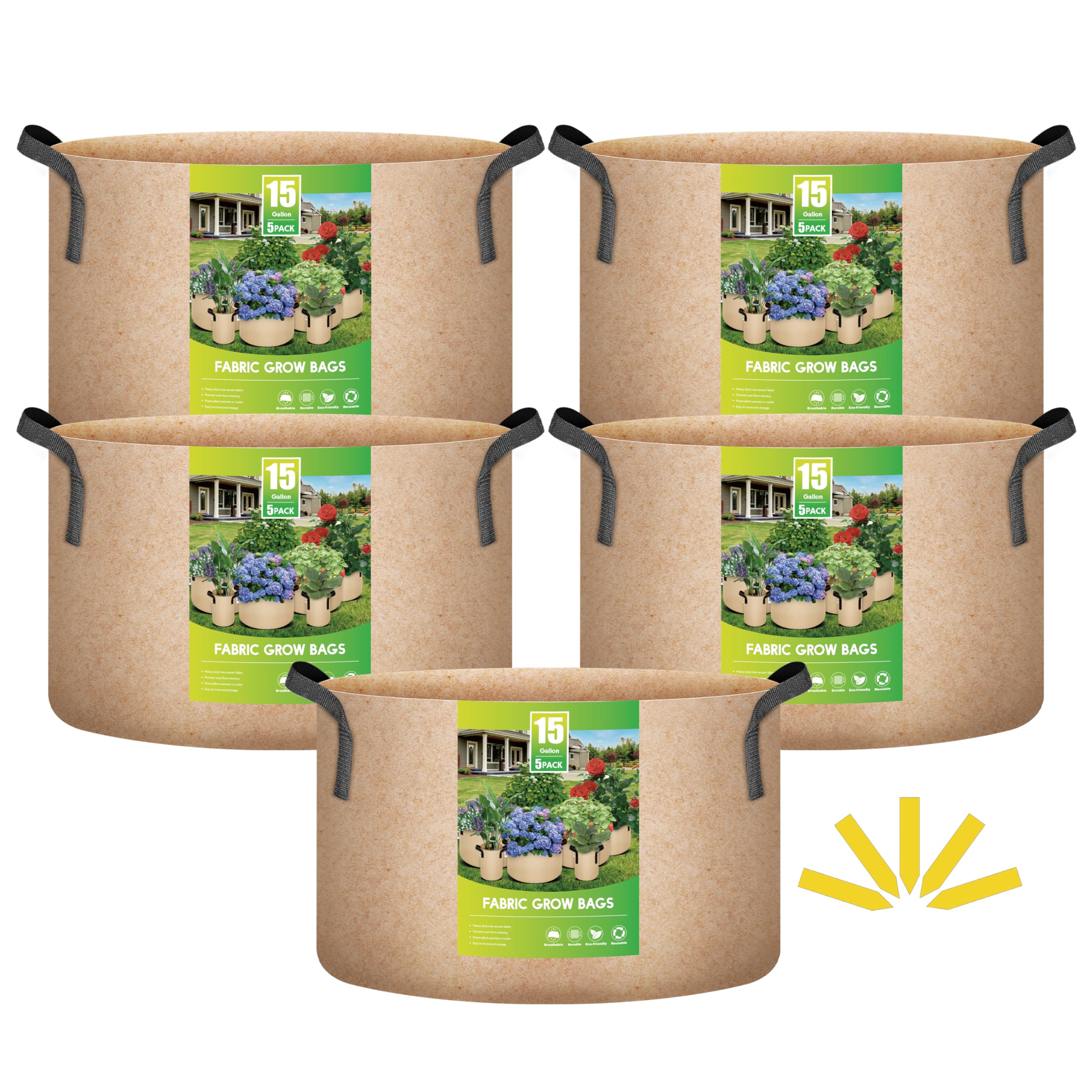 Grow Bags Ipower, Tela No Tejida, Color Canela, 15 Galones, Paquete De 5 - Venta Internacional.