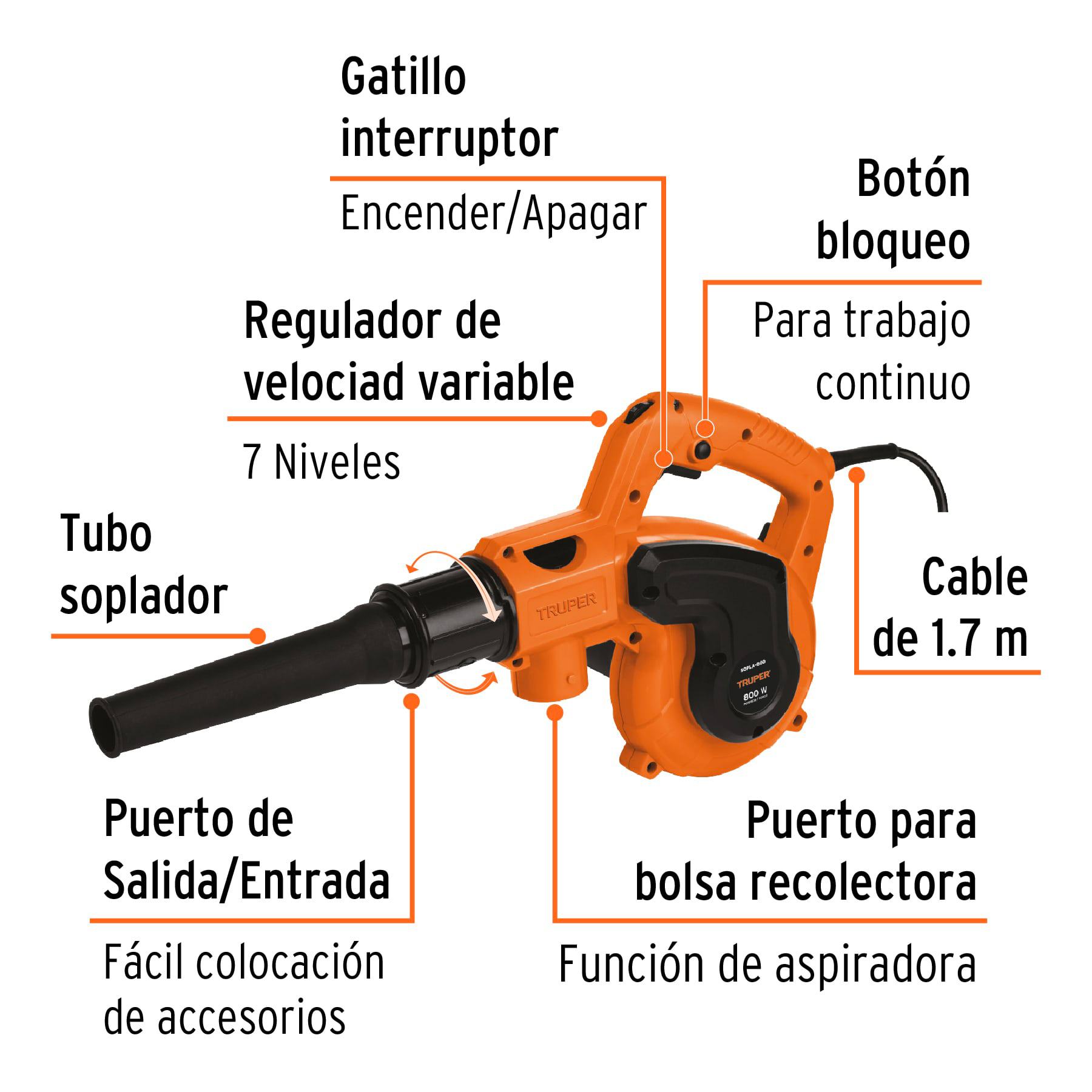 Foto 3 pulgar | Sopladora/Aspiradora Eléctrica Truper color Naranja 800 W + Accesorios