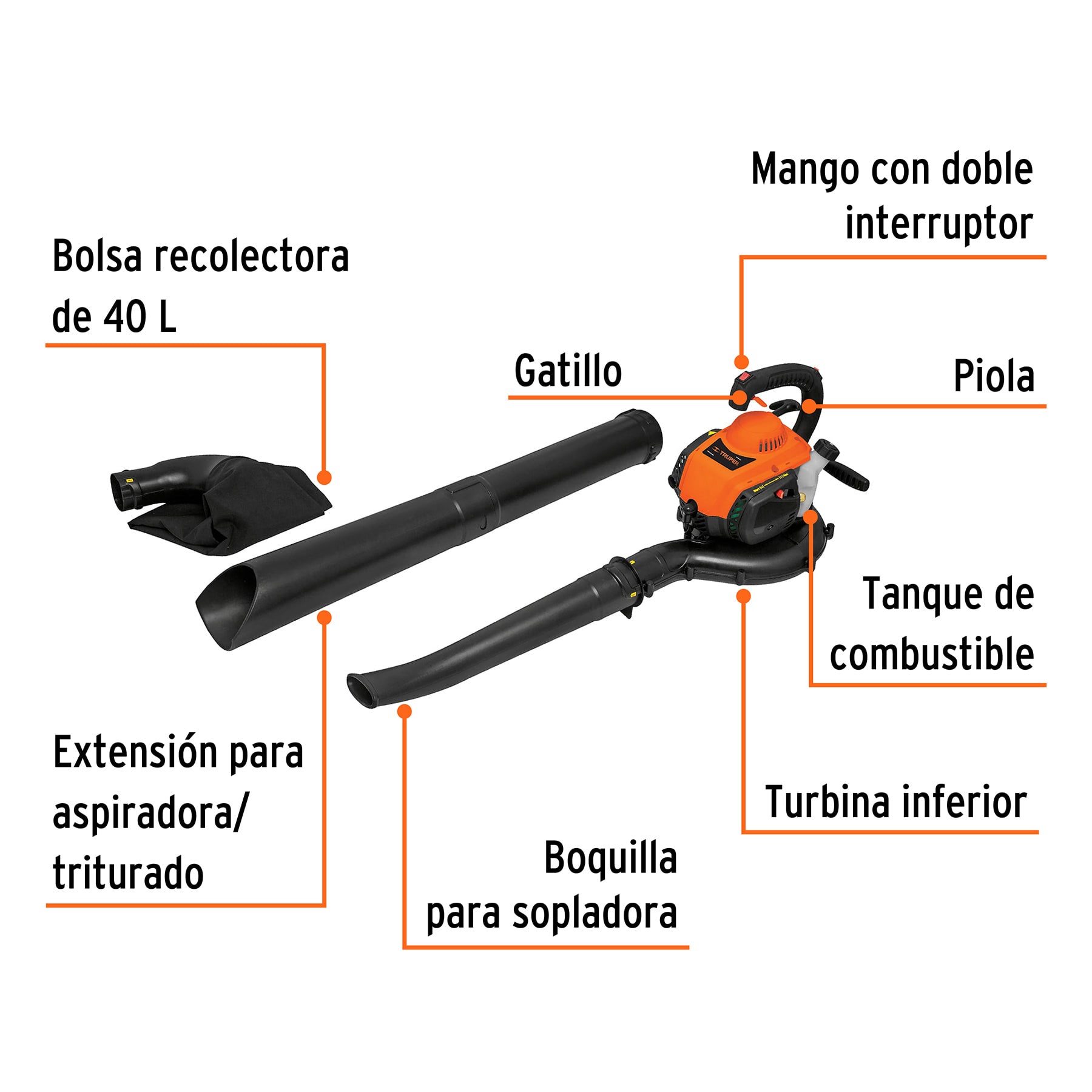 Foto 4 pulgar | Sopladora Aspiradora con Motor a Gasolina 26 Cc Truper Sopla-26t color Naranja