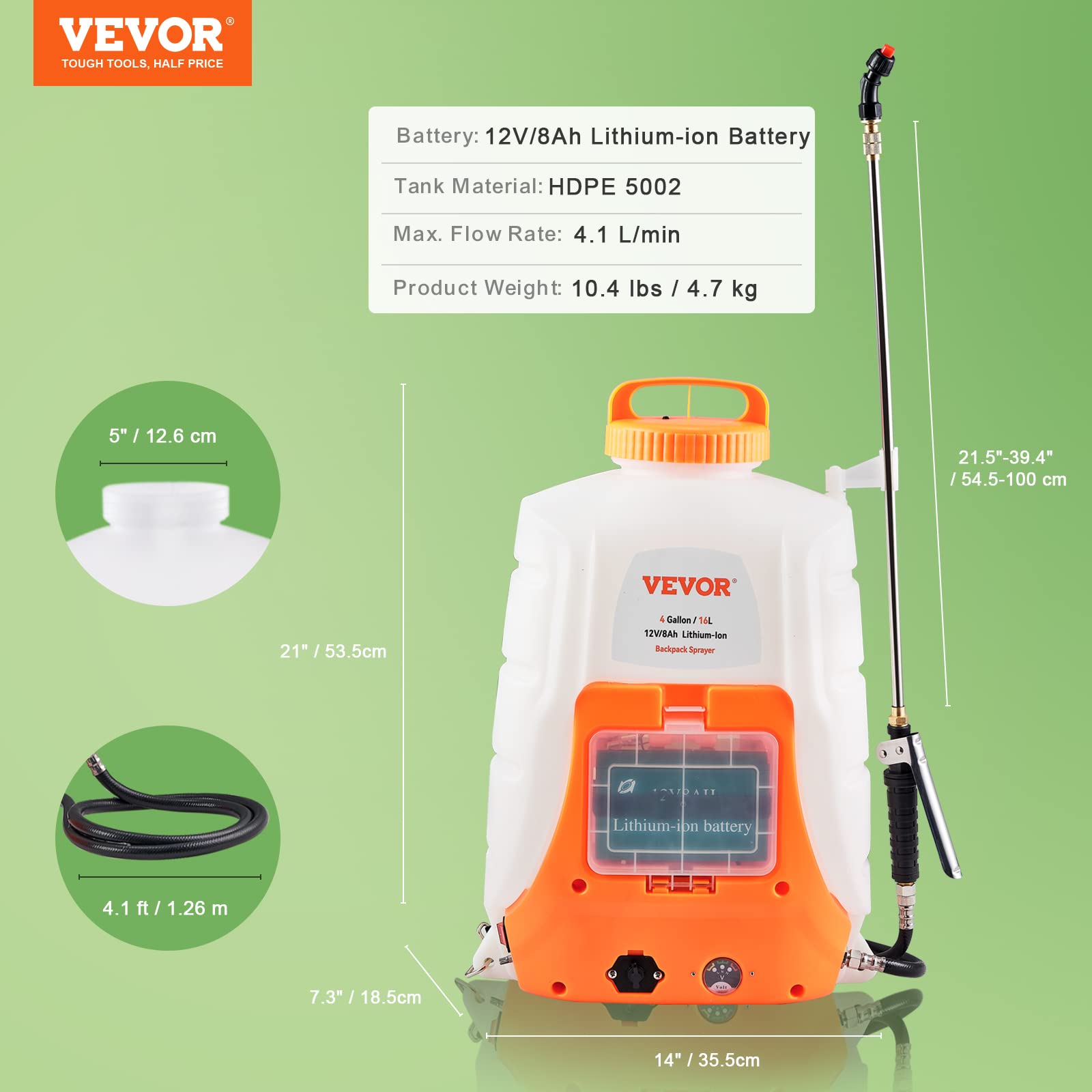 Foto 8 pulgar | Pulverizador Tipo Mochila Vevor, Funciona Con Pilas, 15 L, 0-6,2 Bar, 12 V, 8 Ah - Venta Internacional.