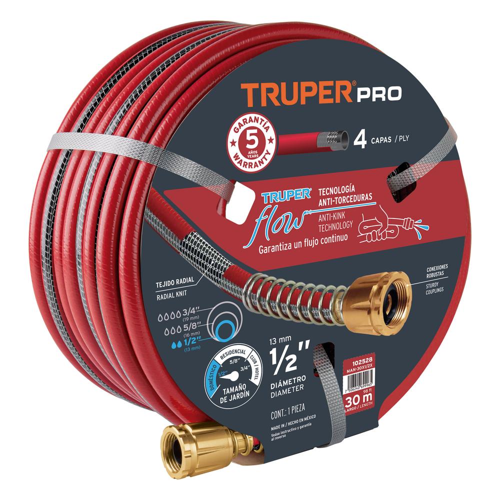 Manguera Truper MAN-30X1/2X color Rojo 1/2 '' Super Reforzada 4 Capas 30 M Conexiones Metal