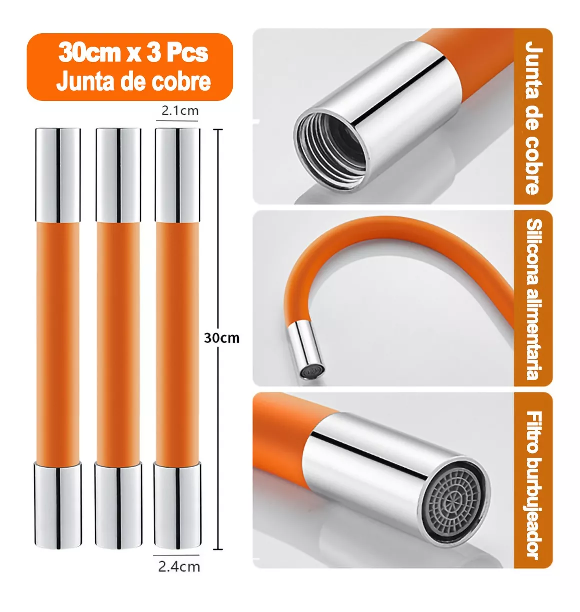 Foto 4 pulgar | Extensor De Grifo Llave De Agua Flexible Rotación 30 Cm 3 Pcs Gris/naranja