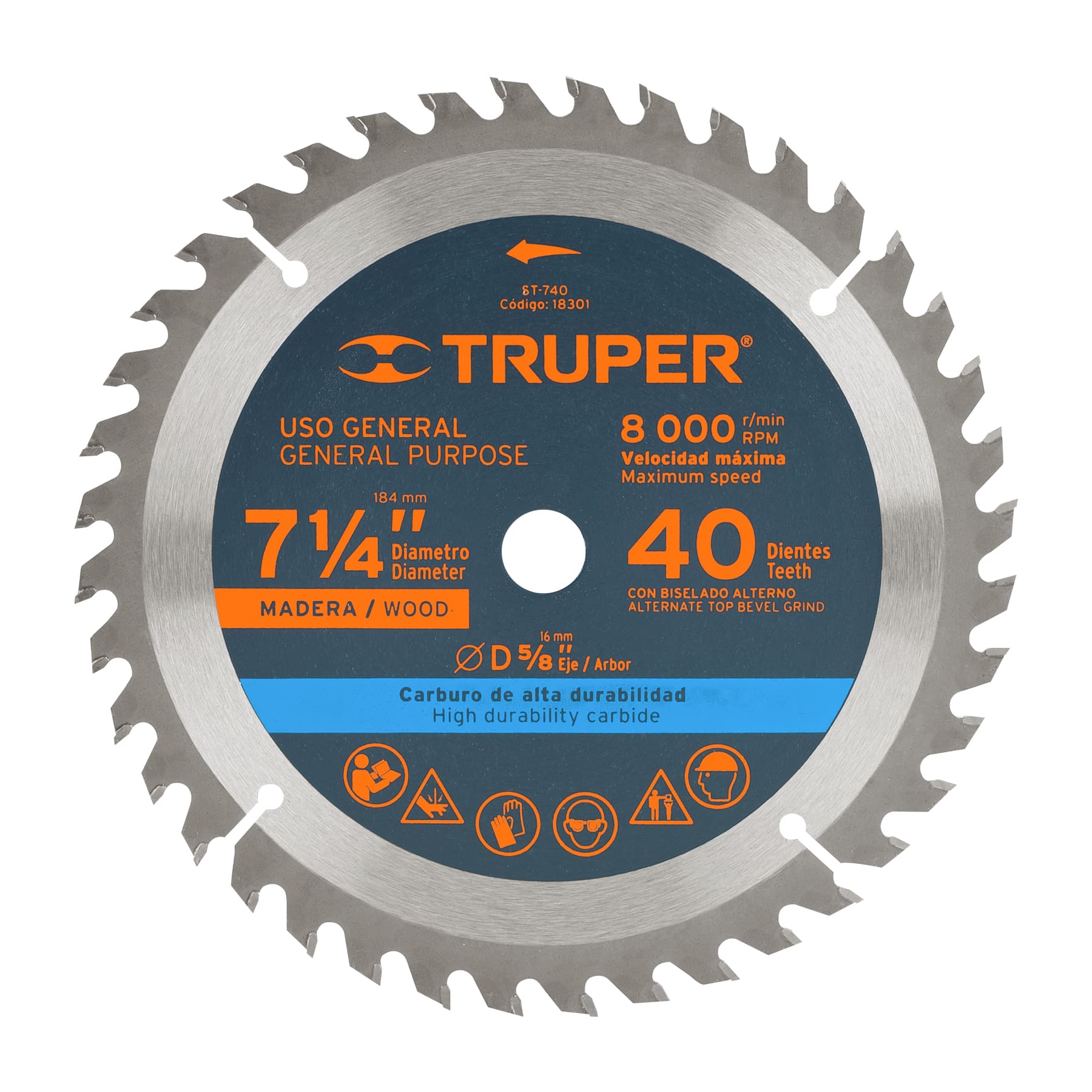 Sierra Circular para Madera Truper color Gris 71/4p 40 Dientes Centro 5/8p