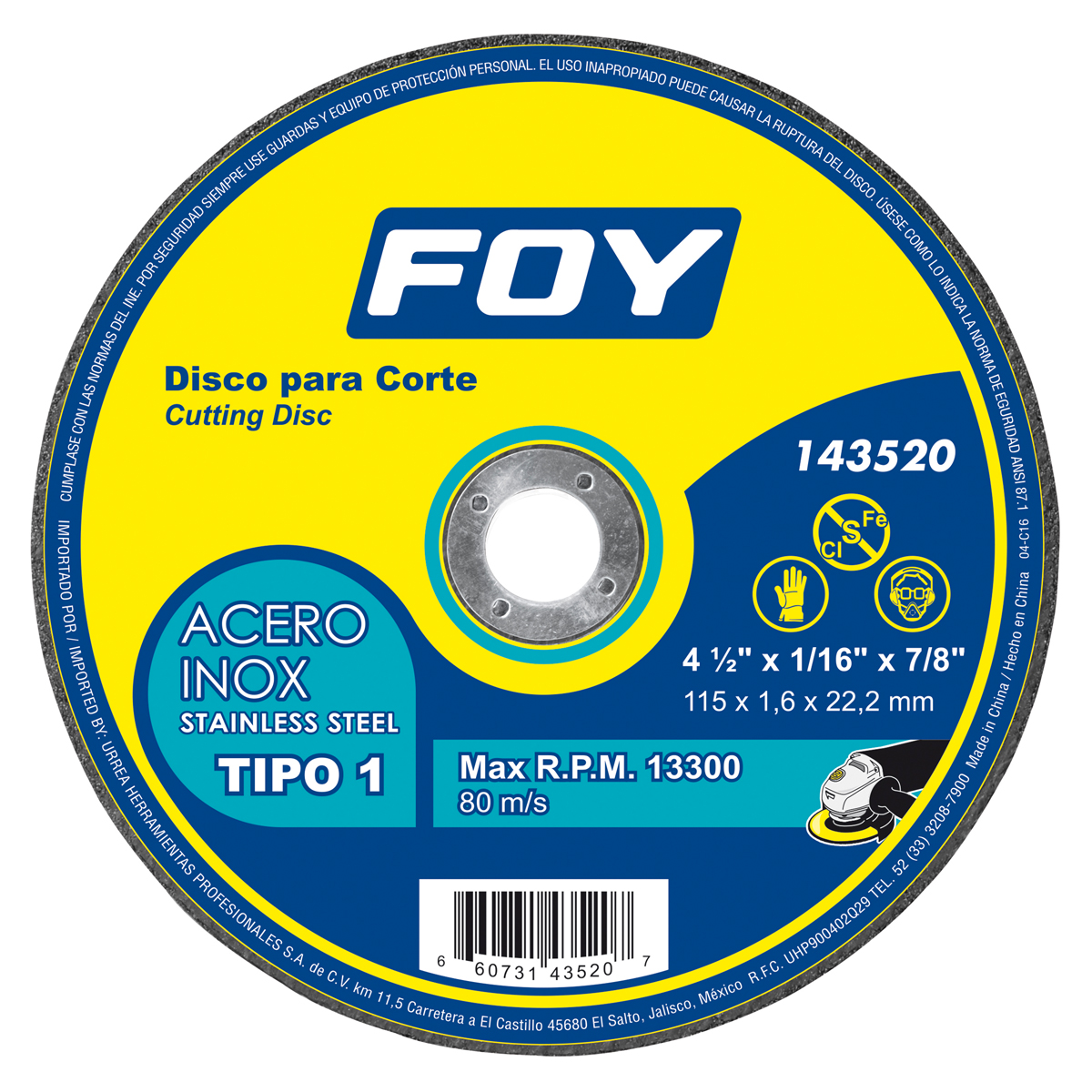 Disco Abrasivo Foy 143520 color Plata Tipo 1 Metal con Dos Mayas