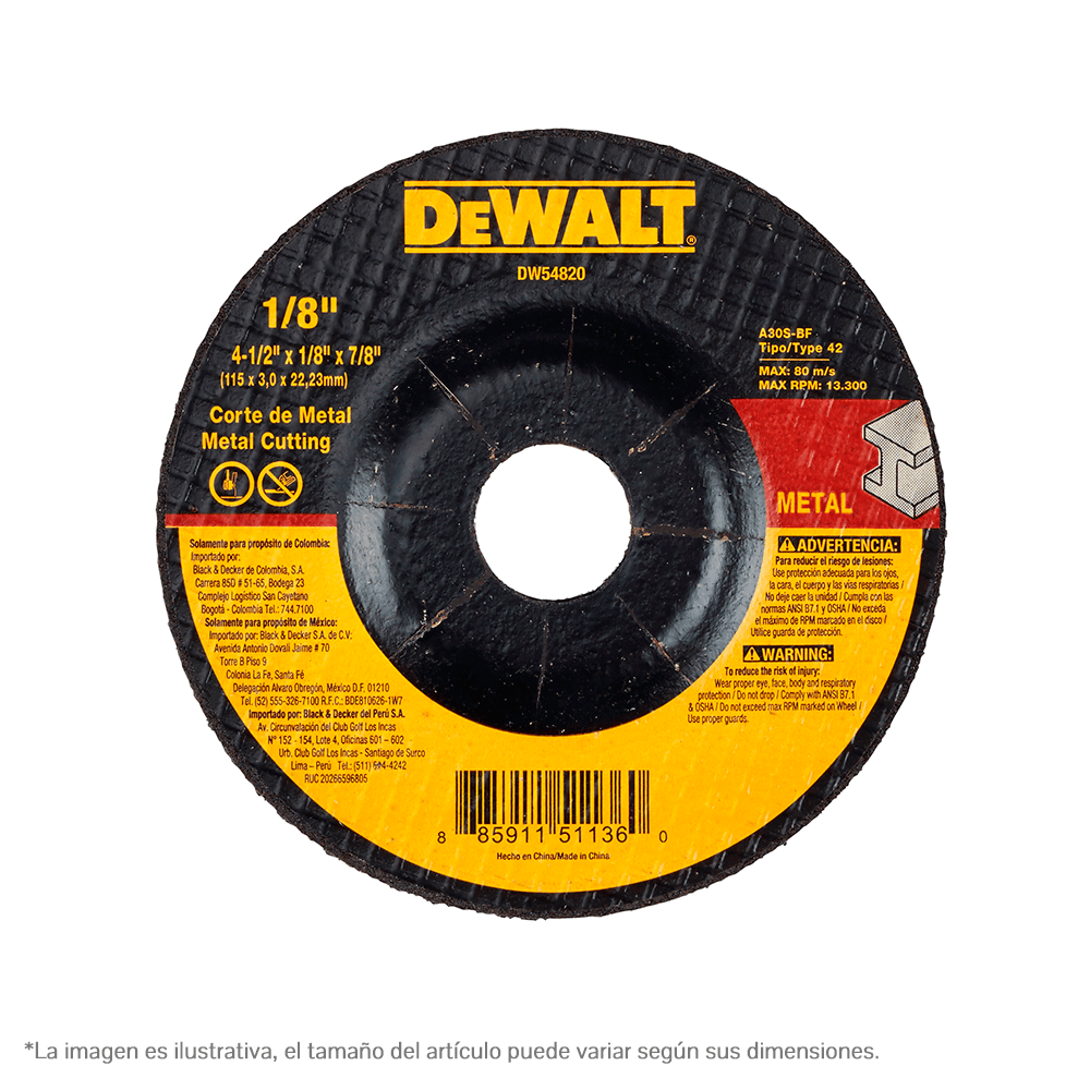 Disco Corte Metal Dewalt 4-1/2x1/8x7/8 Tipo 27