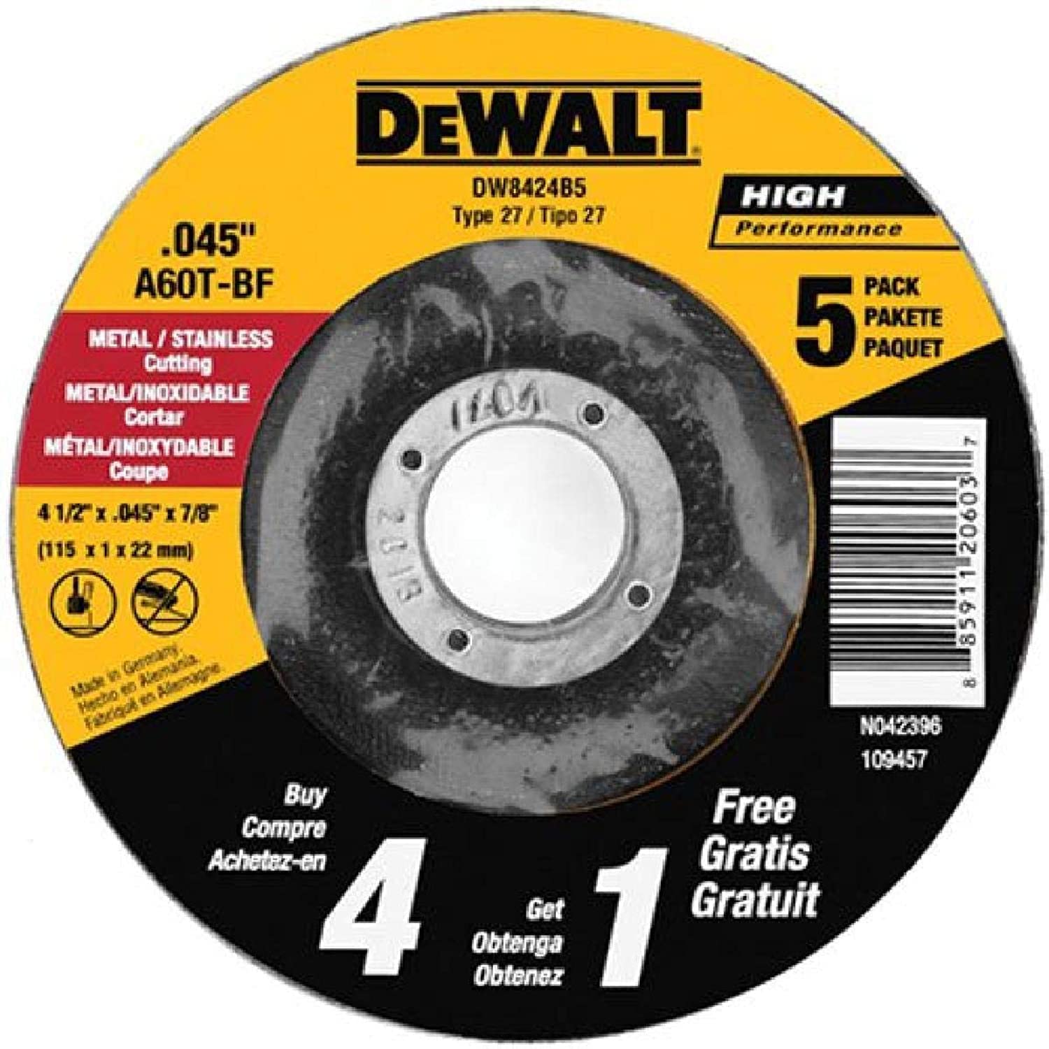 Disco De Corte Dewalt Dw8424b5 De 4,5 Cm Para Metal (paquete De 5) - Venta Internacional.