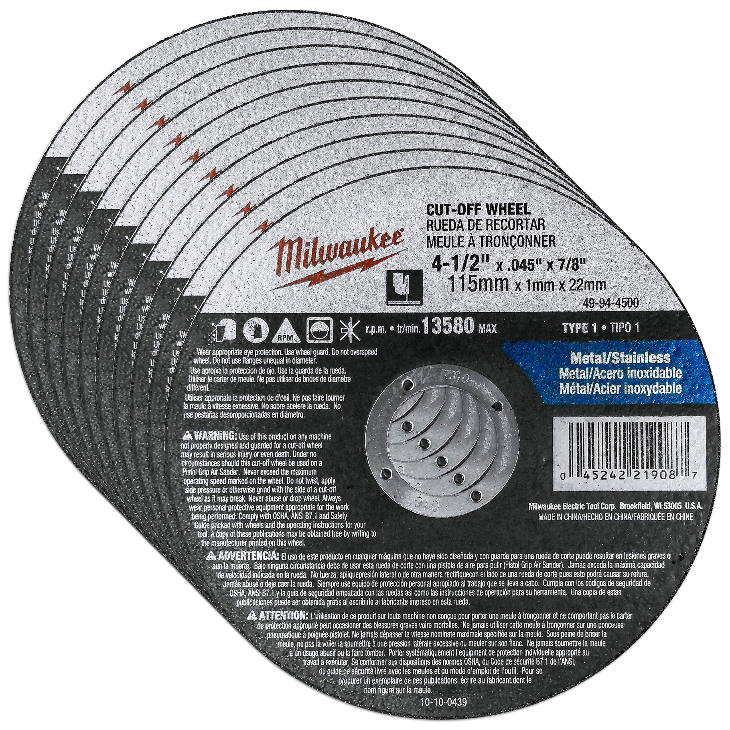Ruedas de Corte Milwaukee Paquete de 10 Unidades para Amoladoras de 4,5 Pulgadas - Venta Internacional