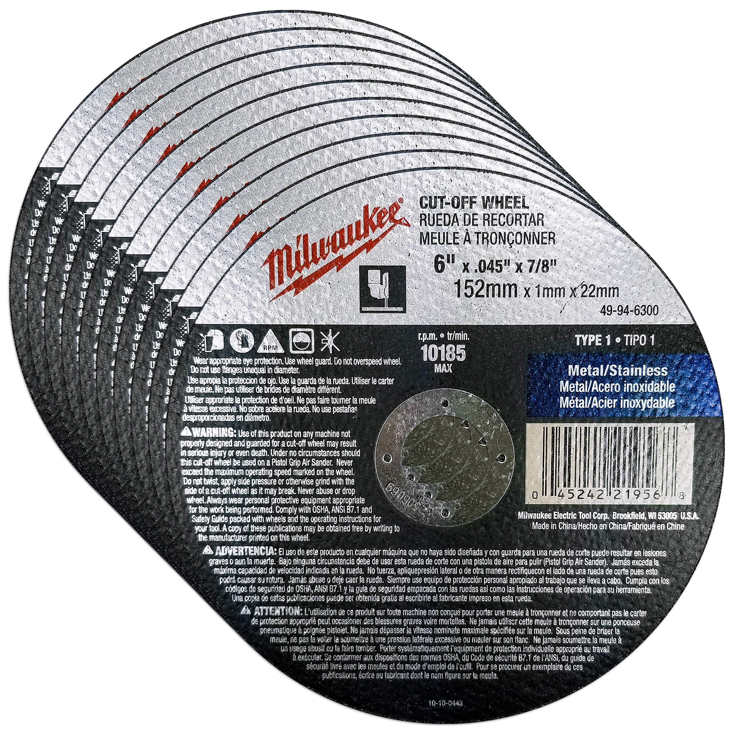 Discos de Corte Milwaukee 6 x 1,5 x 22 mm para Amoladoras 10 Piezas - Venta Internacional