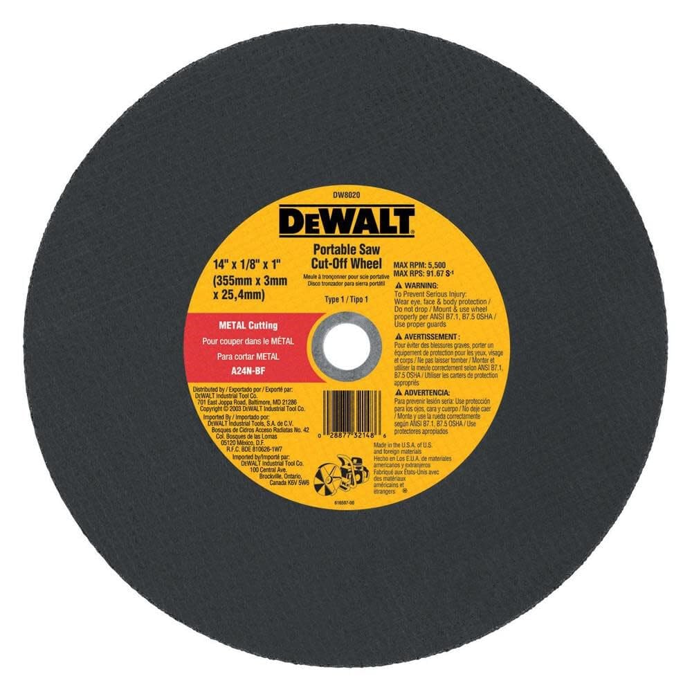 Disco De Corte Dewalt Dw8020 Para Sierra De Puerto De Metal, 14 X 0,3 X 2,5 Cm - Venta Internacional.