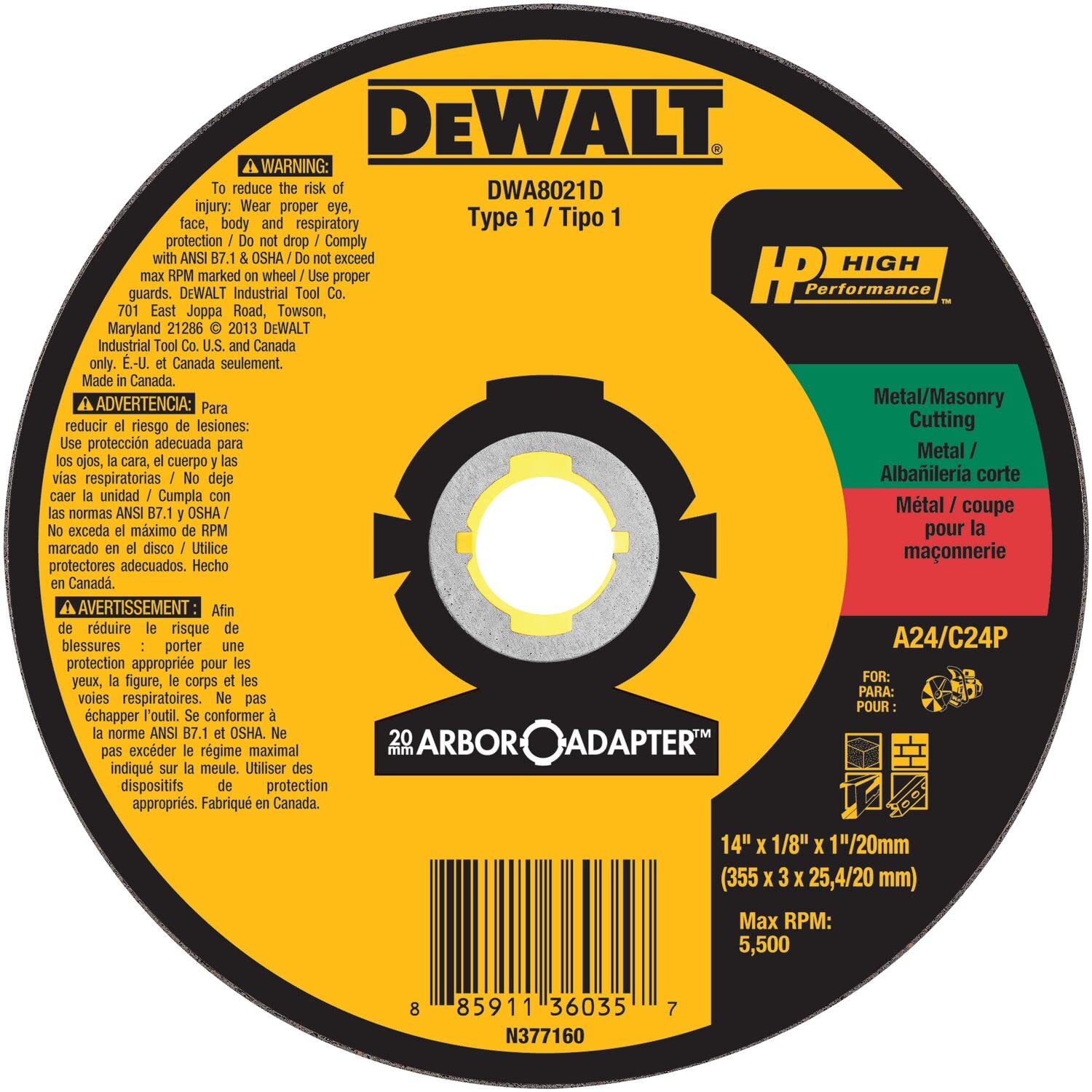 Muela Abrasiva Dewalt Dwa8021d 35,56 X 3,175 X 2,54 Cm/20 Mm - Venta Internacional.