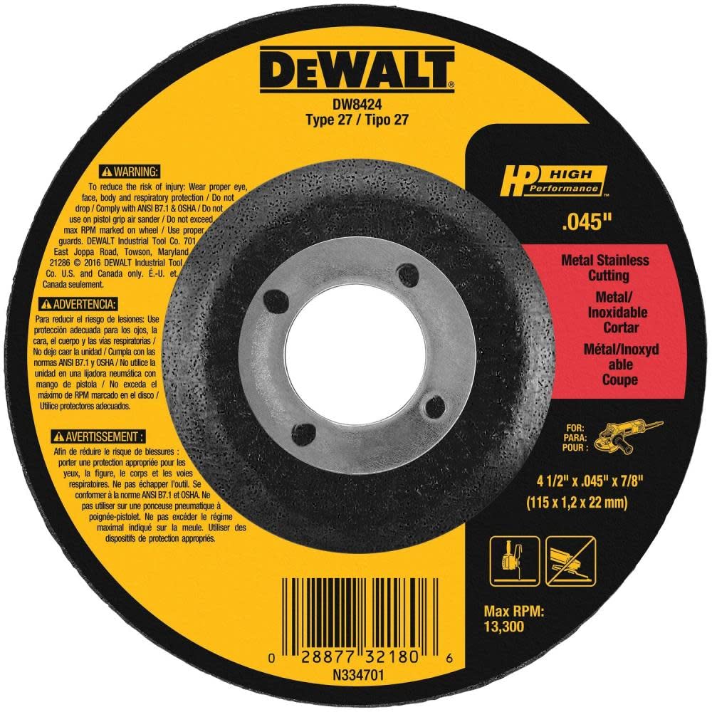 Disco De Corte Dewalt Dw8424 De 4,5 Pulgadas X 1,1 Mm X 22 Mm - Venta Internacional.