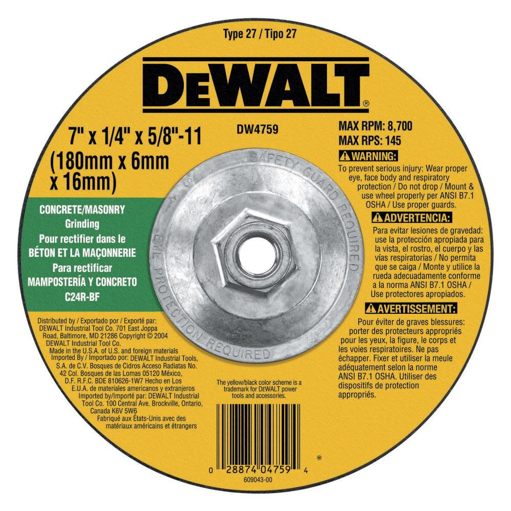 Muela Abrasiva Dewalt Dw4759 Para Hormigón/mampostería 7x1/4x5/8-11 - Venta Internacional.