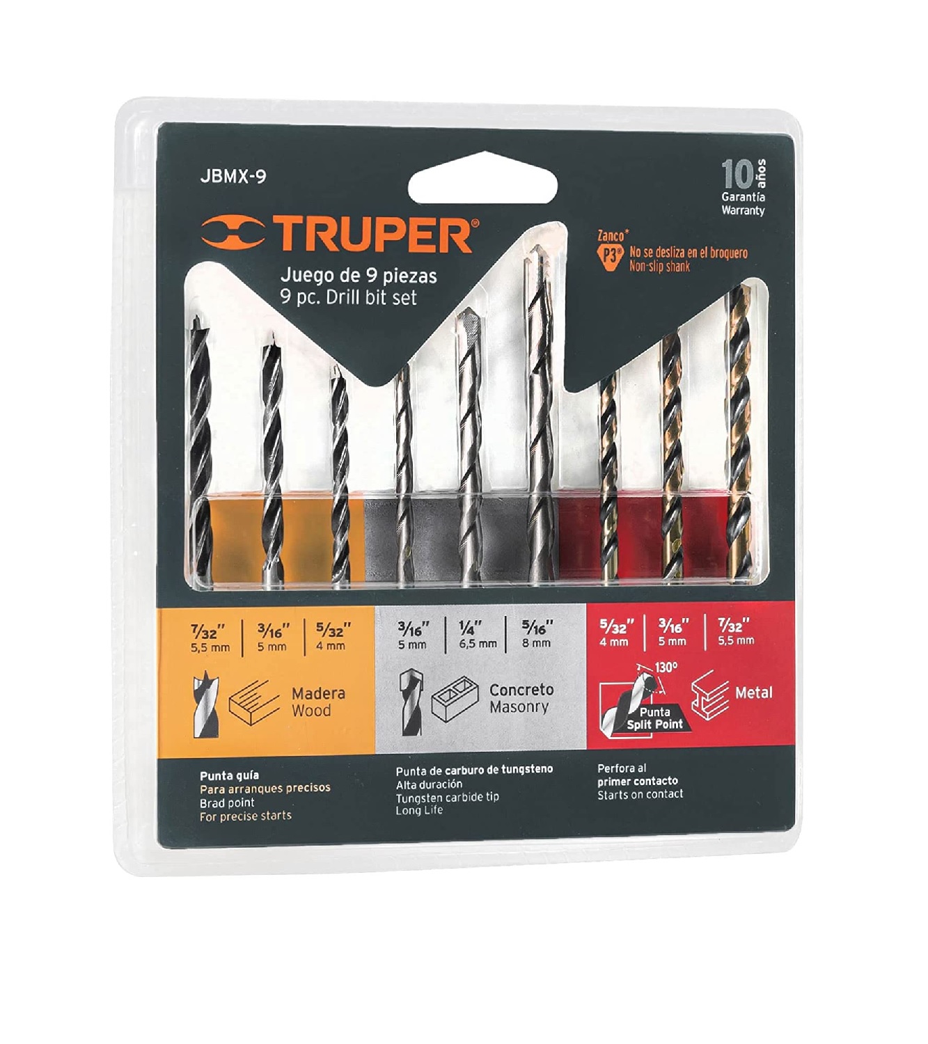 Brocas Truper JBMX-9 color Plata Juego de 9 brocas de Alta Velocidad