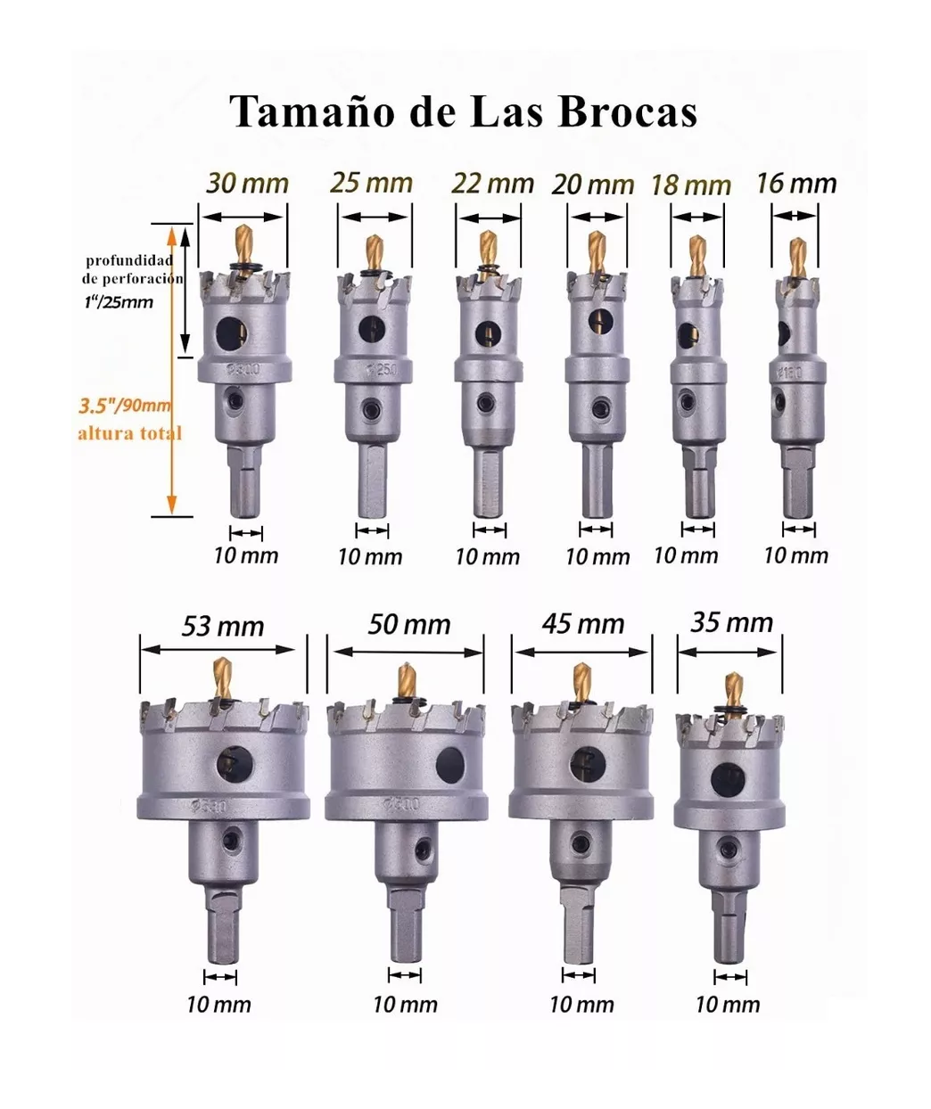 Foto 3 pulgar | 10 Brocas 16-53mm Metal Acero Inoxi Hierro Carburo Plata