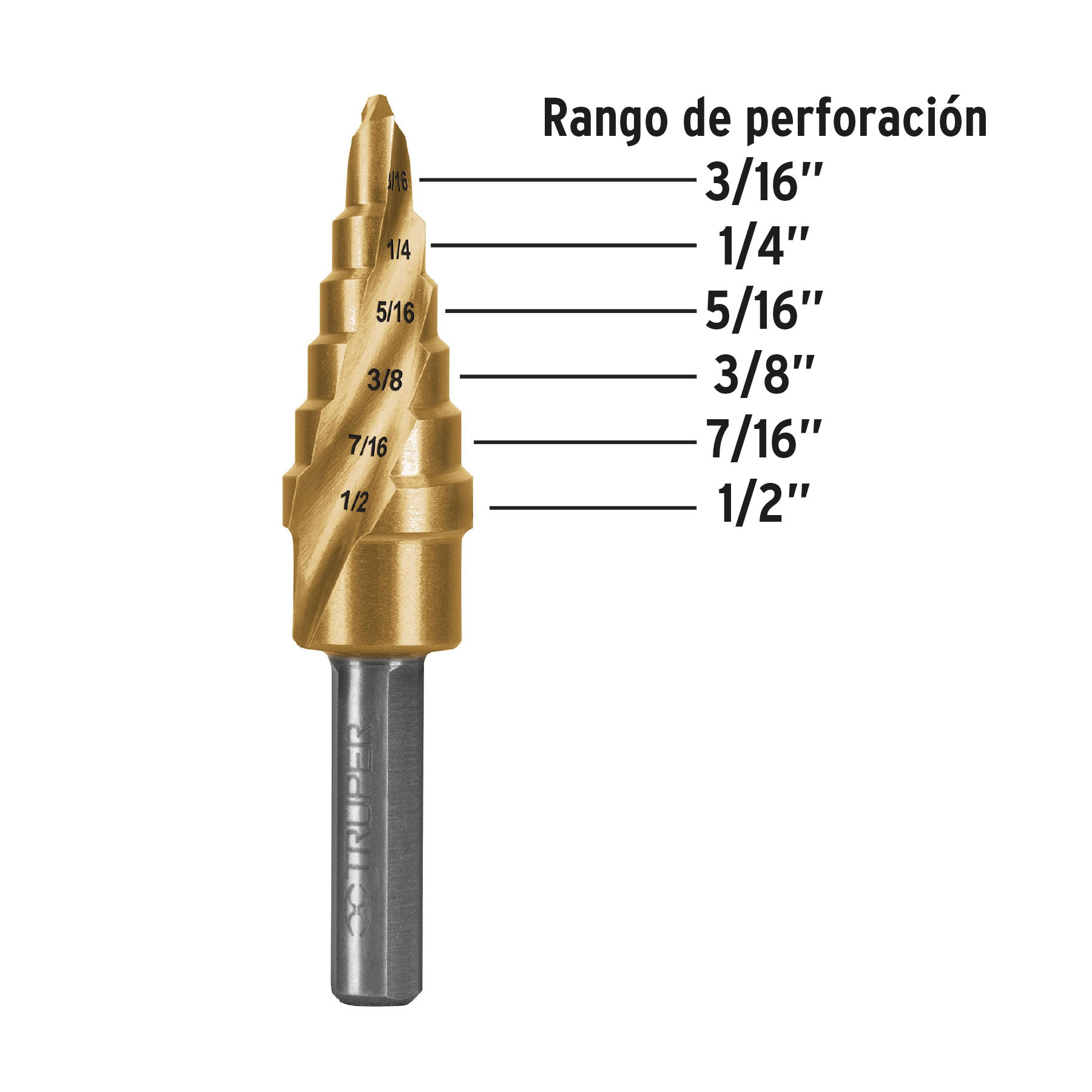 Foto 3 pulgar | Broca Escalonada de Titanio Truper BES-6X color Dorado 6 Escalones 3/16'' a 1/2''