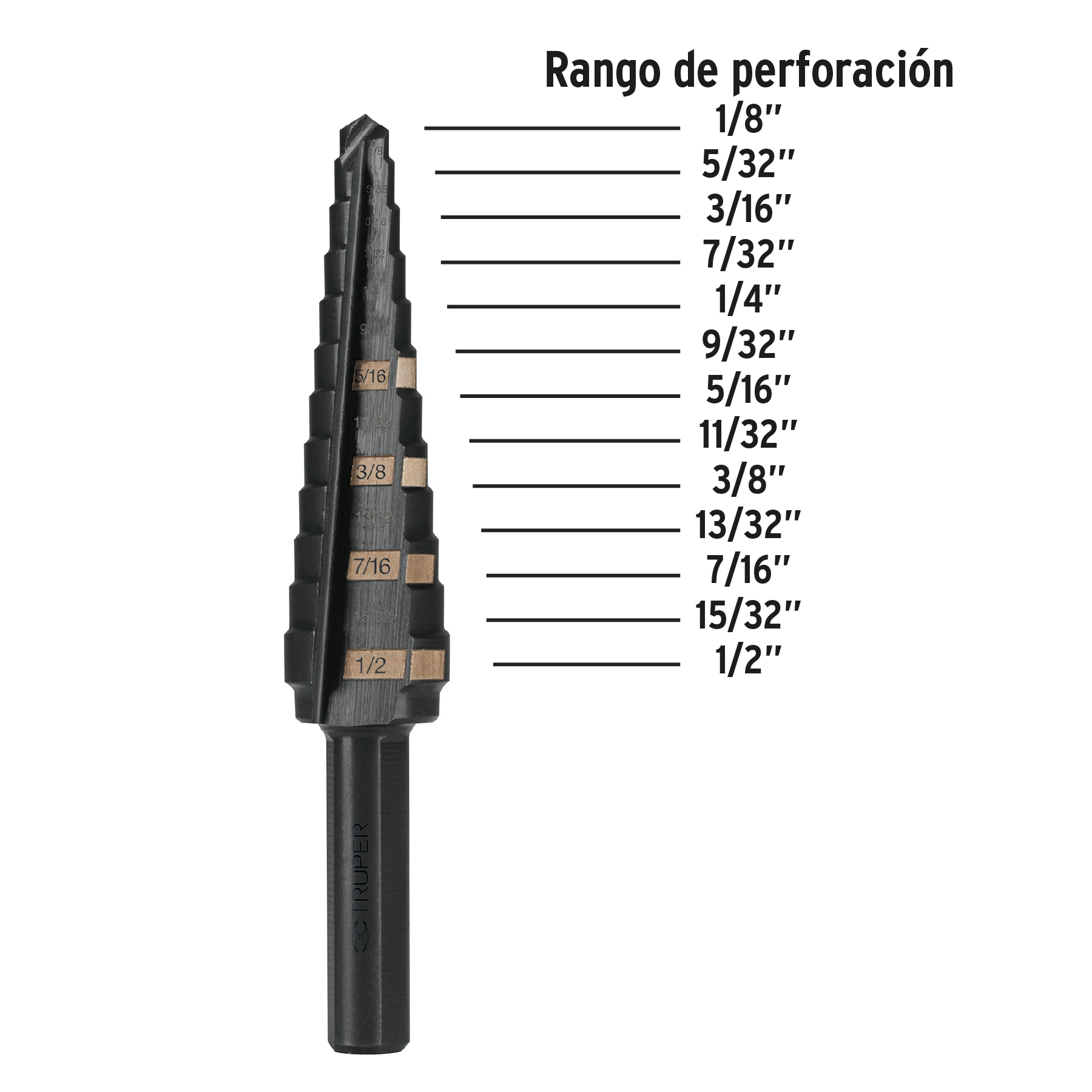 Foto 3 pulgar | Broca Escalonada Truper BES-13 color Negro 13 Escalones 1/8'' a 1/2''