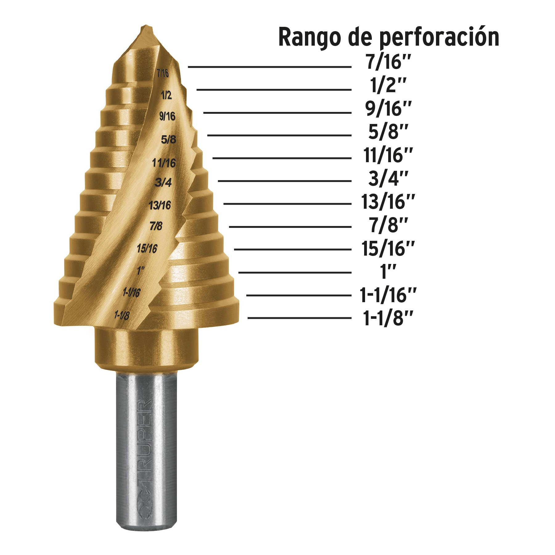 Foto 3 pulgar | Broca Escalonada de Titanio Truper Expert BES-11X color Dorado 11 Escalones 1/4'' a 7/8''