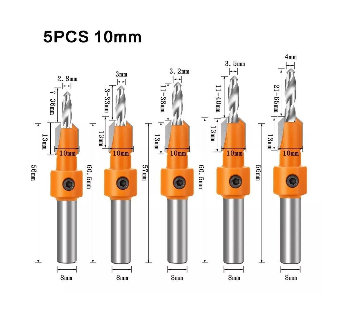 Foto 3 pulgar | Broca Avellanadora para Carpintería Belug 5 Piezas 10 mm Plateadas