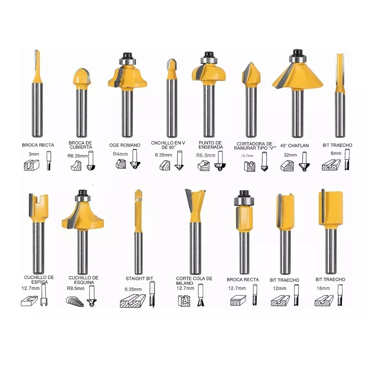 Foto 3 pulgar | Fresa 1/4 Broca Para Enrutador De Carburo De Tungsteno 15 Pz Eo Safe Imports Esi-13100 Amarillo