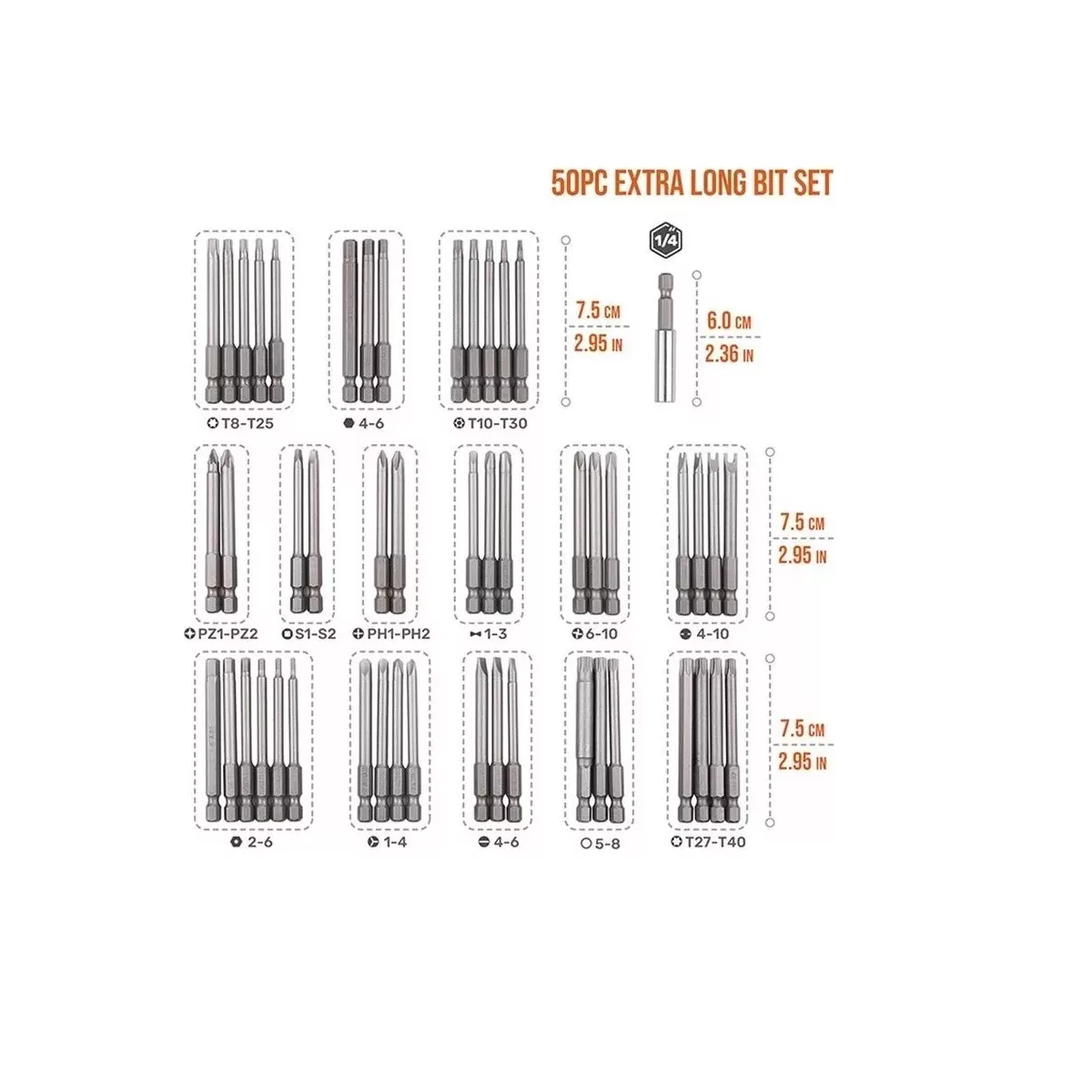 Foto 3 pulgar | Kit 50 Brocas Magnéticas Hexagonales Extralarga Para Destornillador Taladro Eo Safe Imports  Esi-16019 Plata