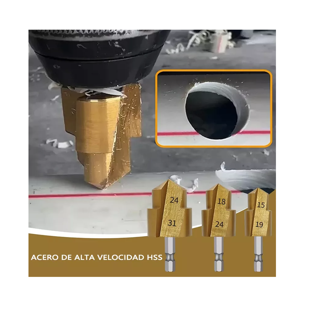 Foto 6 pulgar | Broca Escalonada De Elevación Ppr Brocas Para Taladro 3 Pcs Dorado/plata