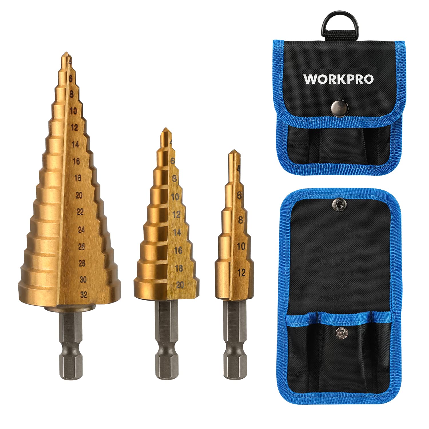 Juego De Brocas Escalonadas Workpro De 3 Piezas Con Revestimiento De Titanio Hss - Venta Internacional.