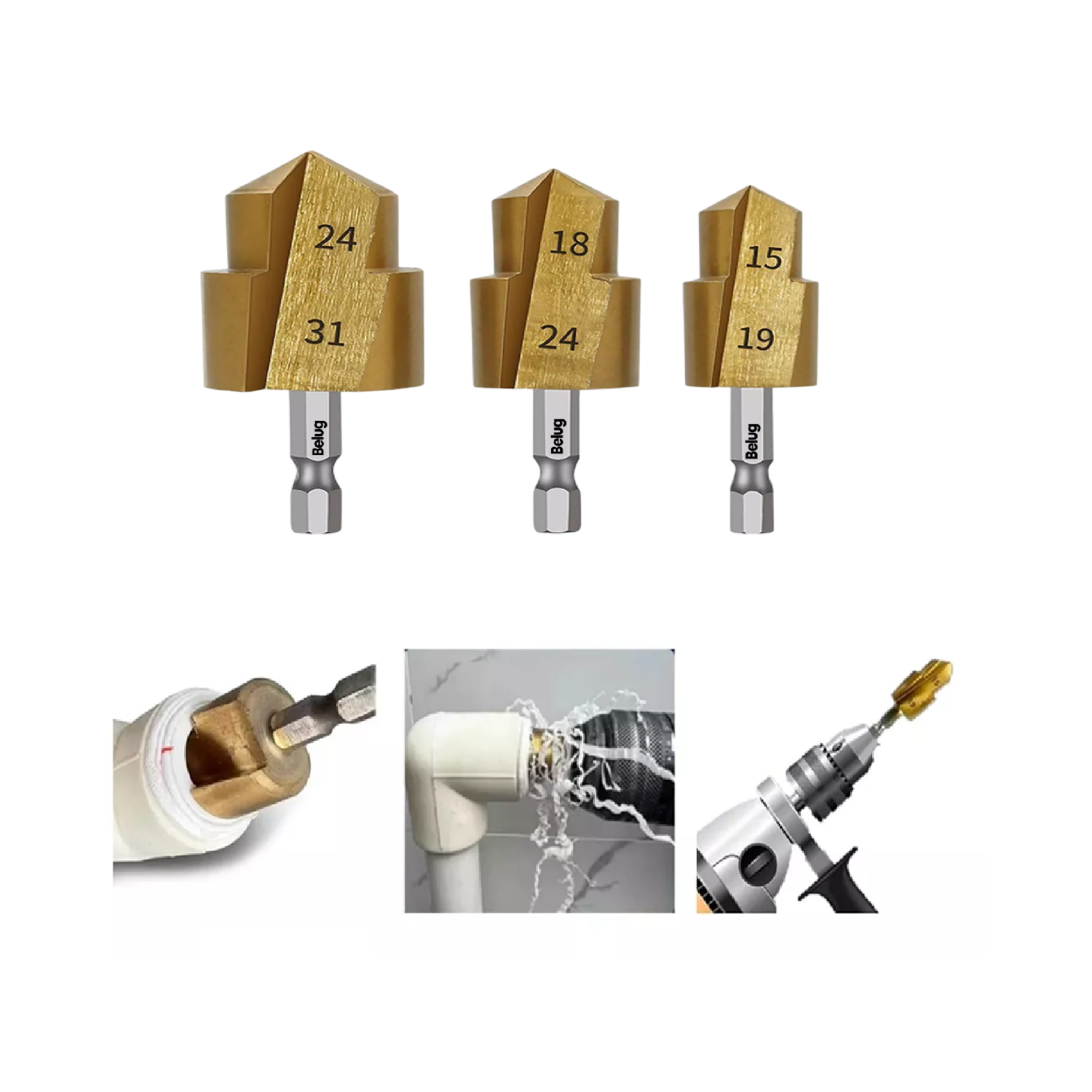 Foto 4 pulgar | Broca Escalonada De Elevación Ppr Brocas Para Taladro Belug 3 Pcs Dorado/plata