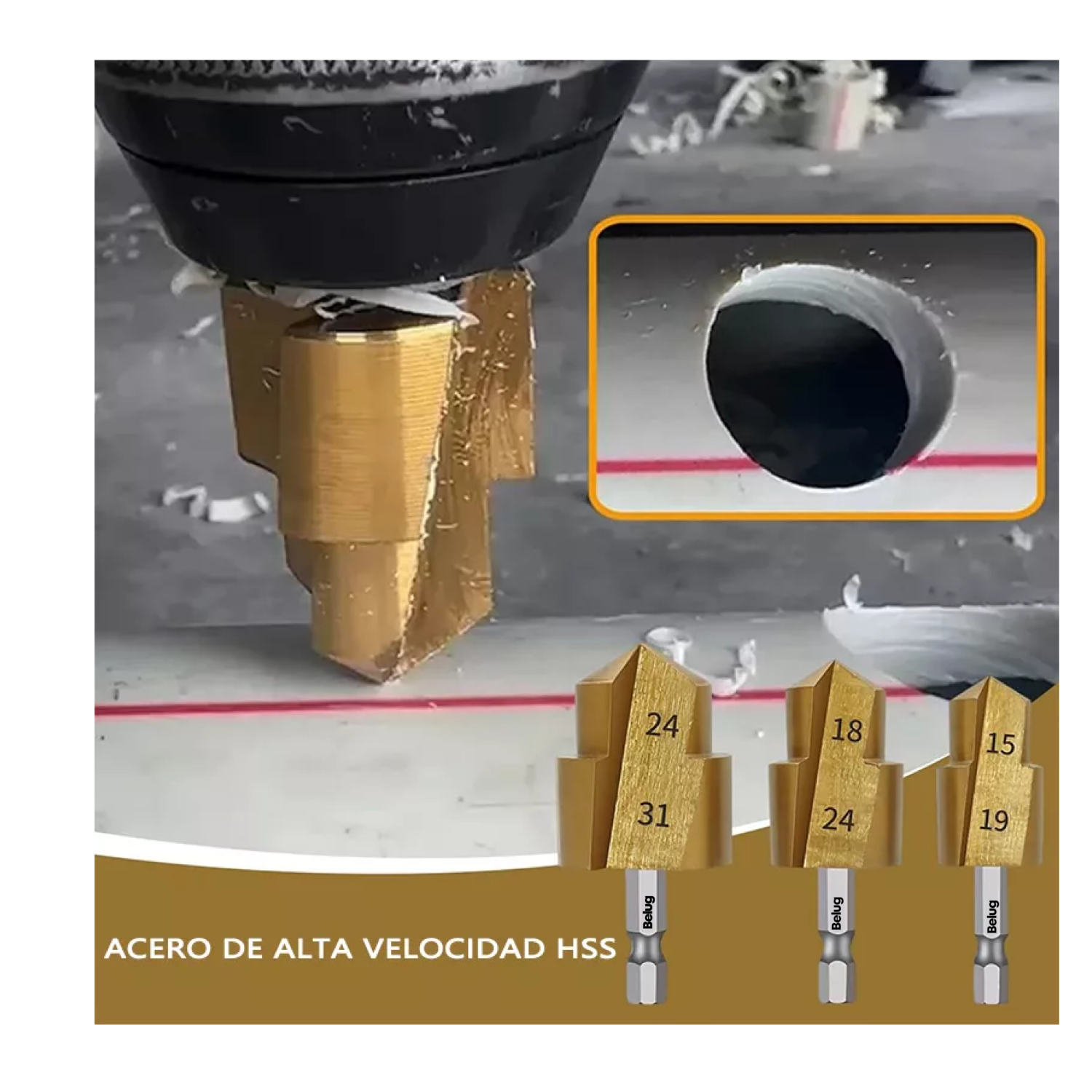 Foto 5 | Broca Escalonada De Elevación Ppr Brocas Para Taladro Belug 3 Pcs Dorado/plata