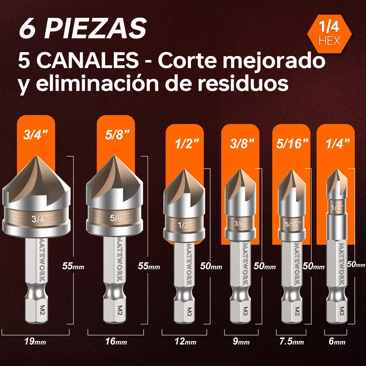 Foto 2 | Juego De 6 Brocas Avellanadoras Para Metal, Madera O Plástico Eo Safe Imports Esi-18763 Multicolor