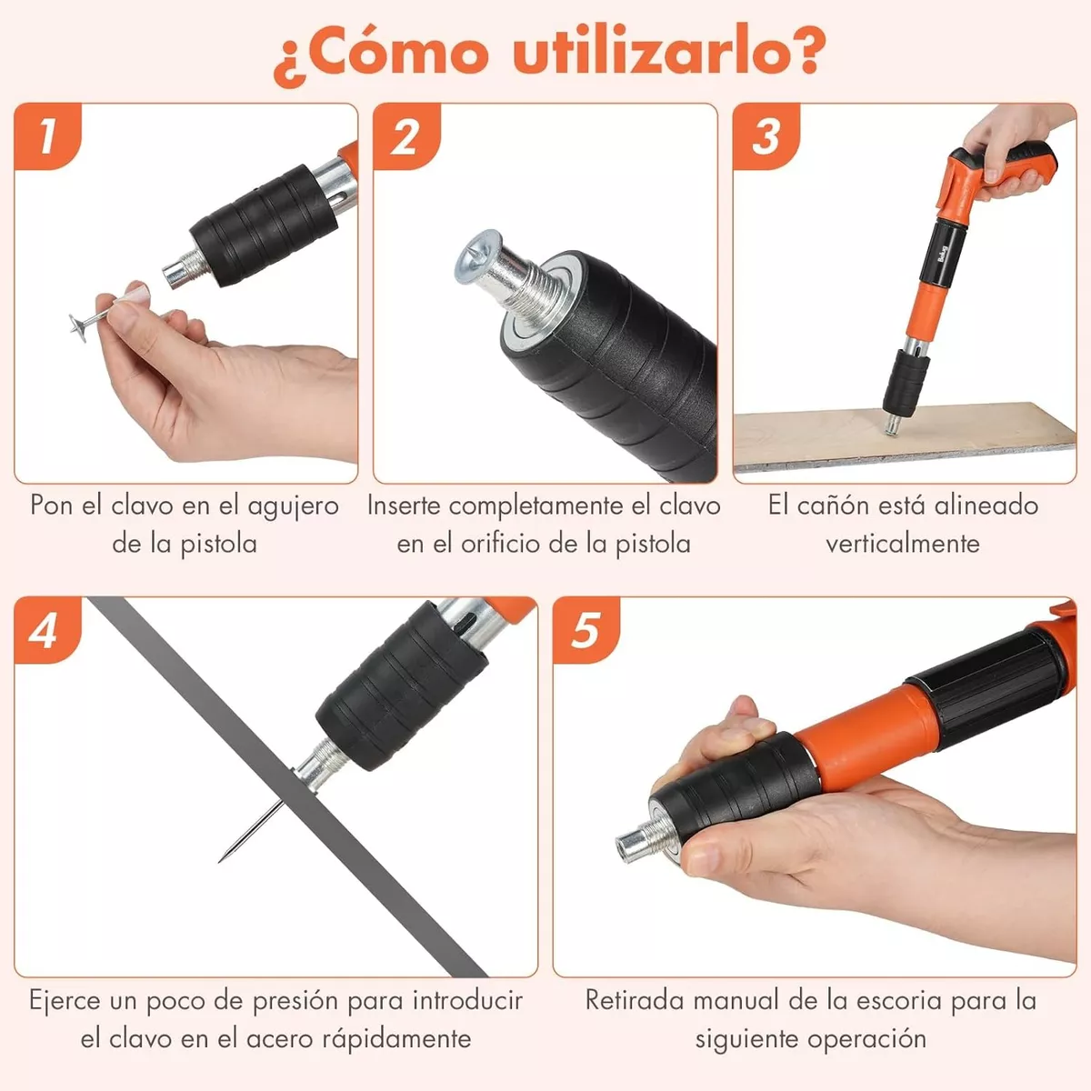 Foto 6 pulgar | Mini Pistola de Clavos de Acero Herramienta de Remache Naranja