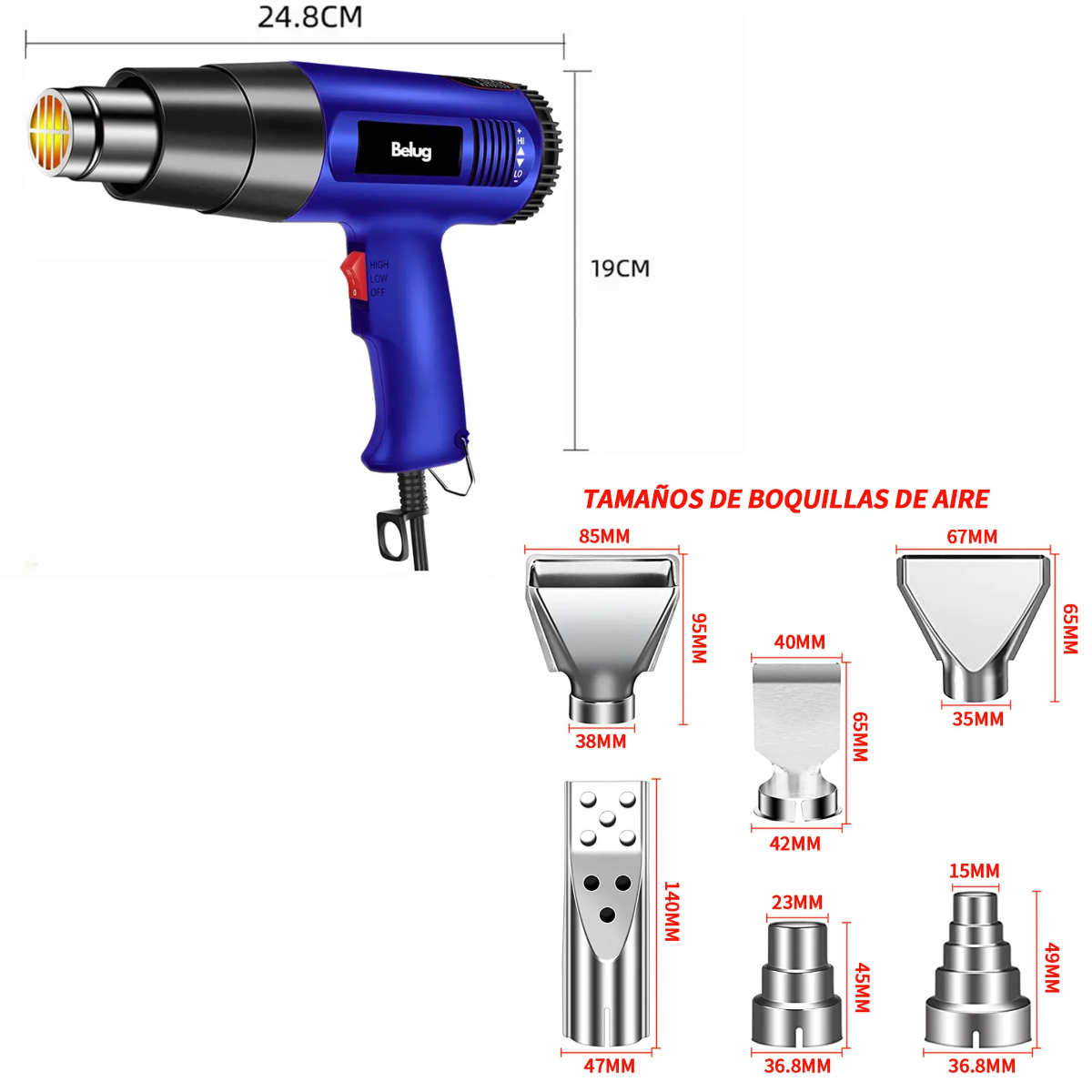 Foto 6 pulgar | Pistola De Calor Belug 2000w Kit De Pistola De Aire Caliente Azul