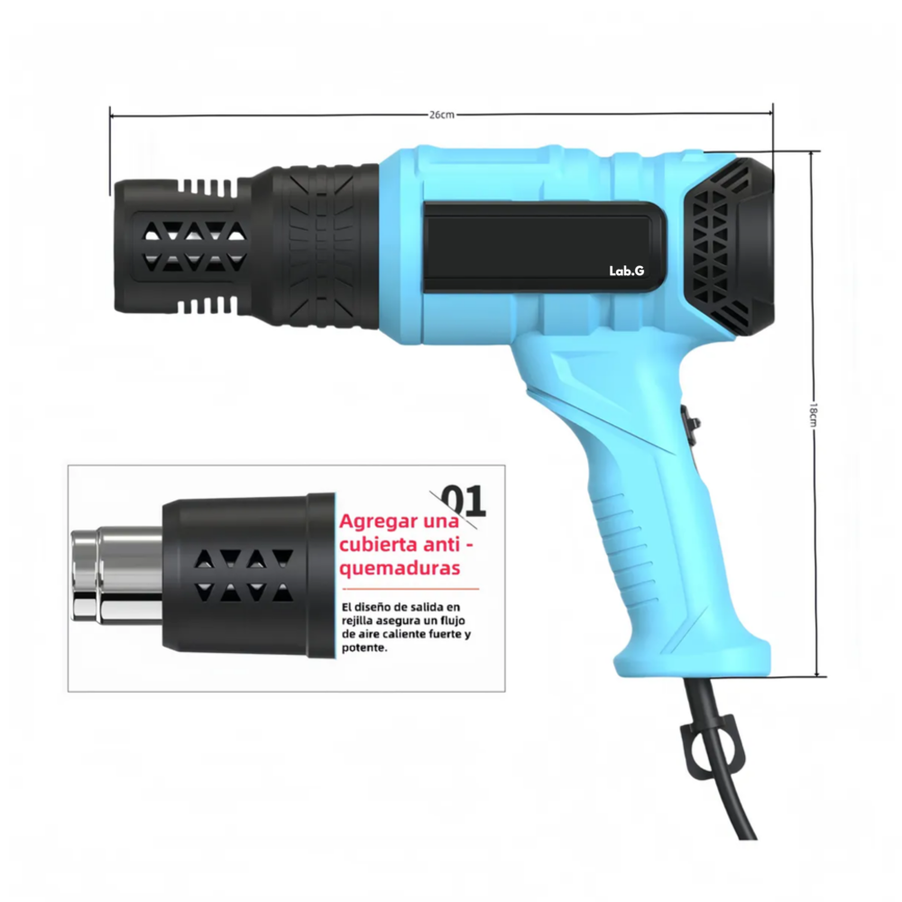 Foto 5 pulgar | Pistola De Calor De 2000w 9niveles De Temperatura 7 Pz Lab.g  Azul Claro