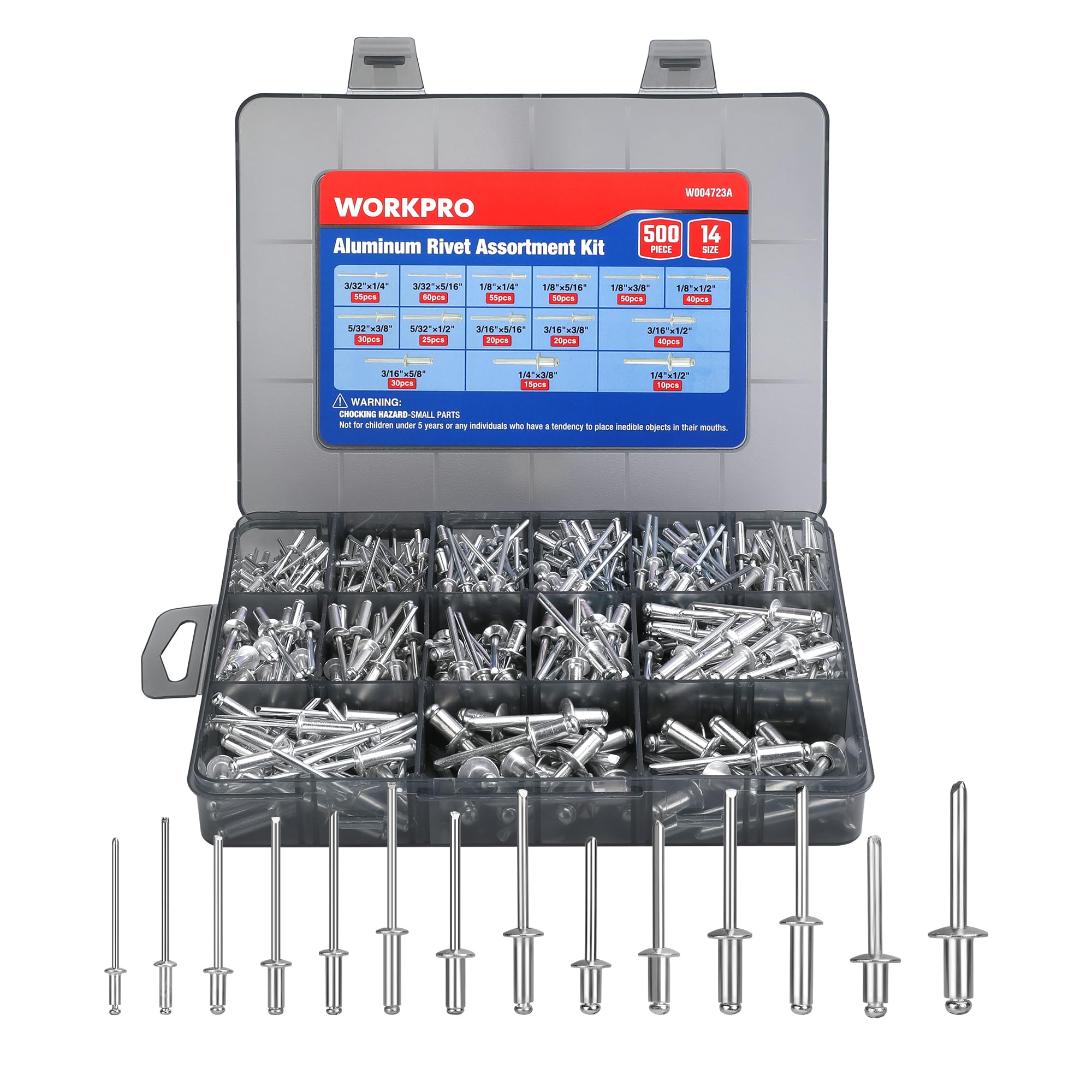 Kit Surtido De Remaches Para Ciegos Workpro, 500 Piezas De Aluminio, 14 Tamaños - Venta Internacional.