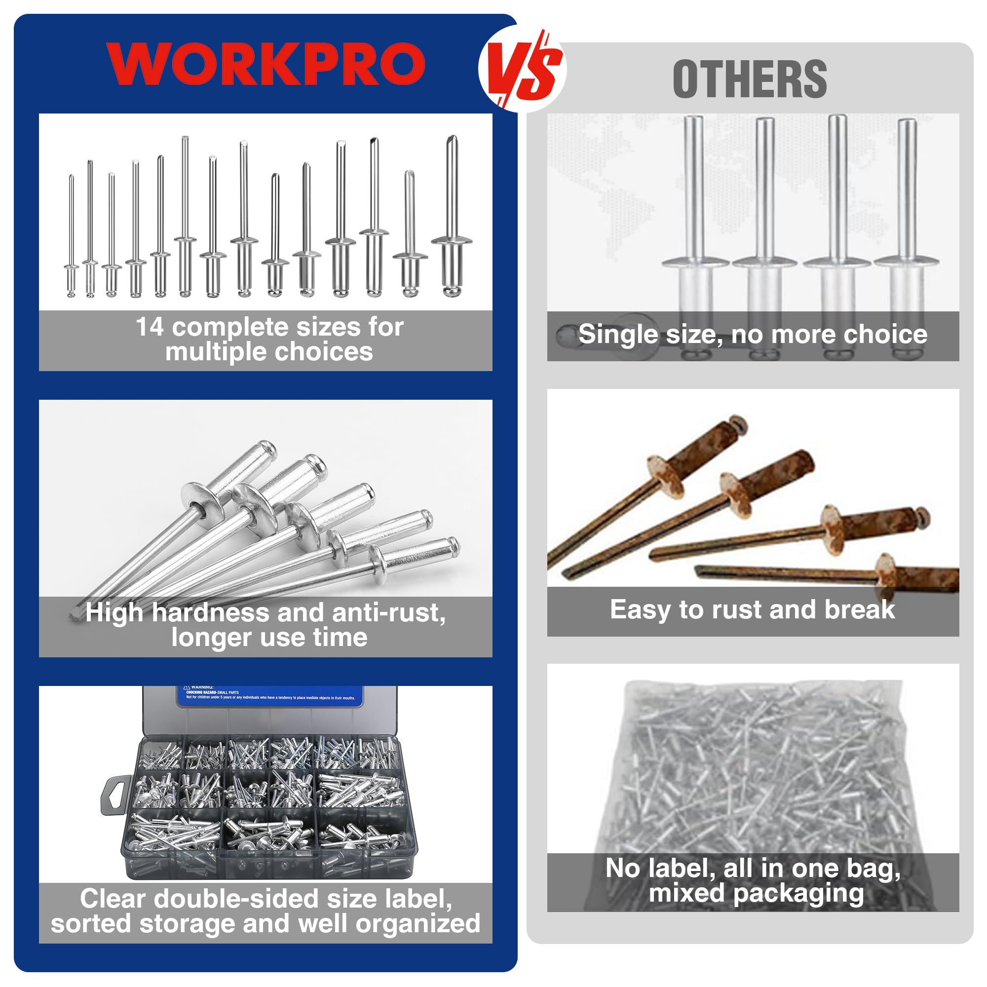 Foto 4 pulgar | Kit Surtido De Remaches Para Ciegos Workpro, 500 Piezas De Aluminio, 14 Tamaños - Venta Internacional.