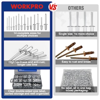 Foto 3 | Kit Surtido De Remaches Para Ciegos Workpro, 500 Piezas De Aluminio, 14 Tamaños - Venta Internacional.