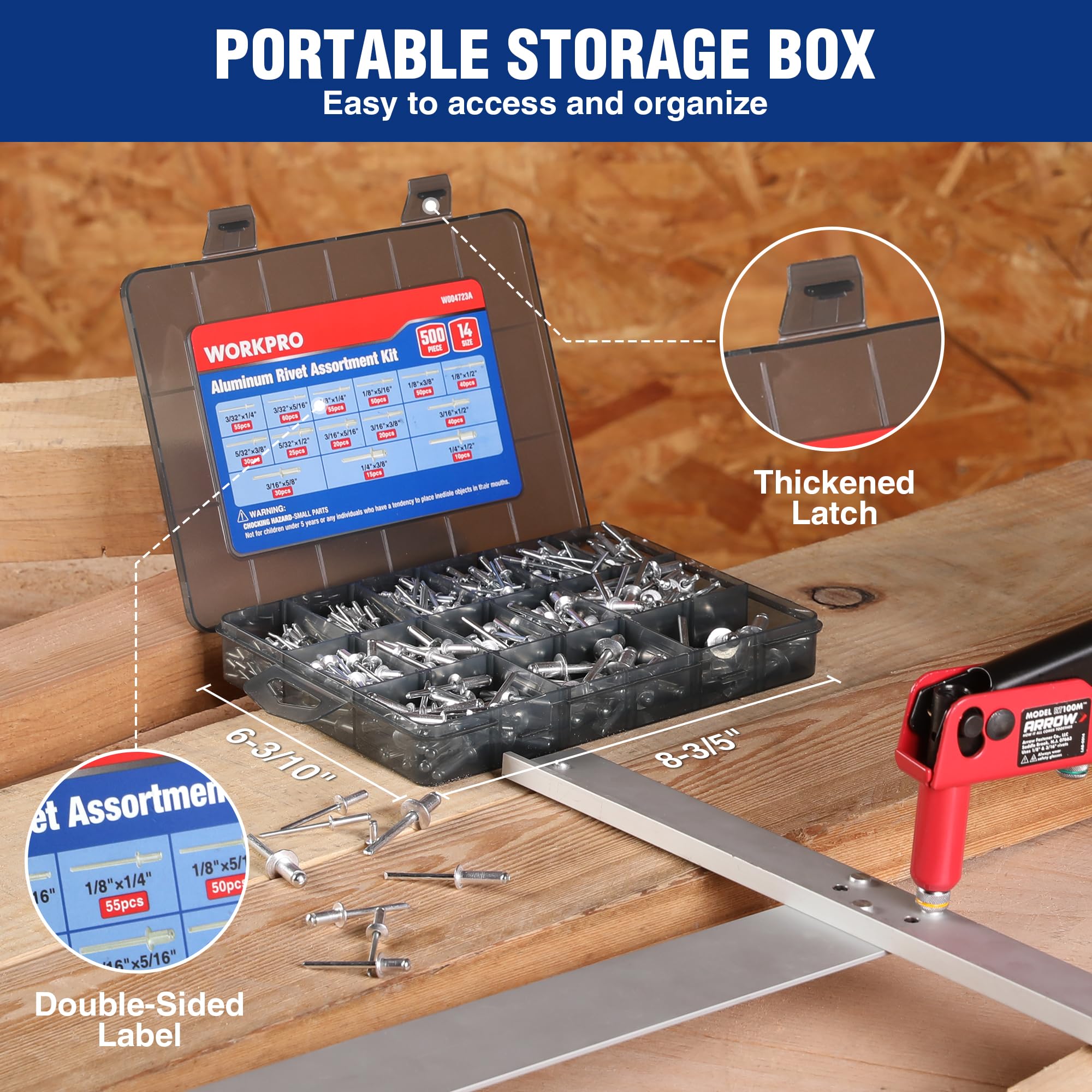 Foto 5 | Kit Surtido De Remaches Para Ciegos Workpro, 500 Piezas De Aluminio, 14 Tamaños - Venta Internacional.