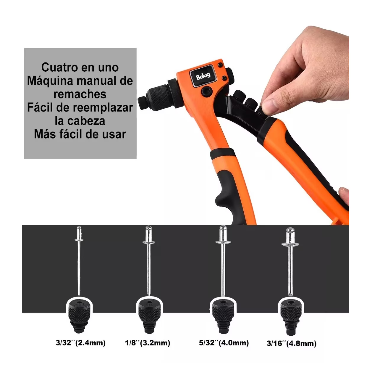 Foto 4 pulgar | Remachadora Profesional De 8 In C/ Belug, Boquillas De Cambio Rápido Naranja/negro