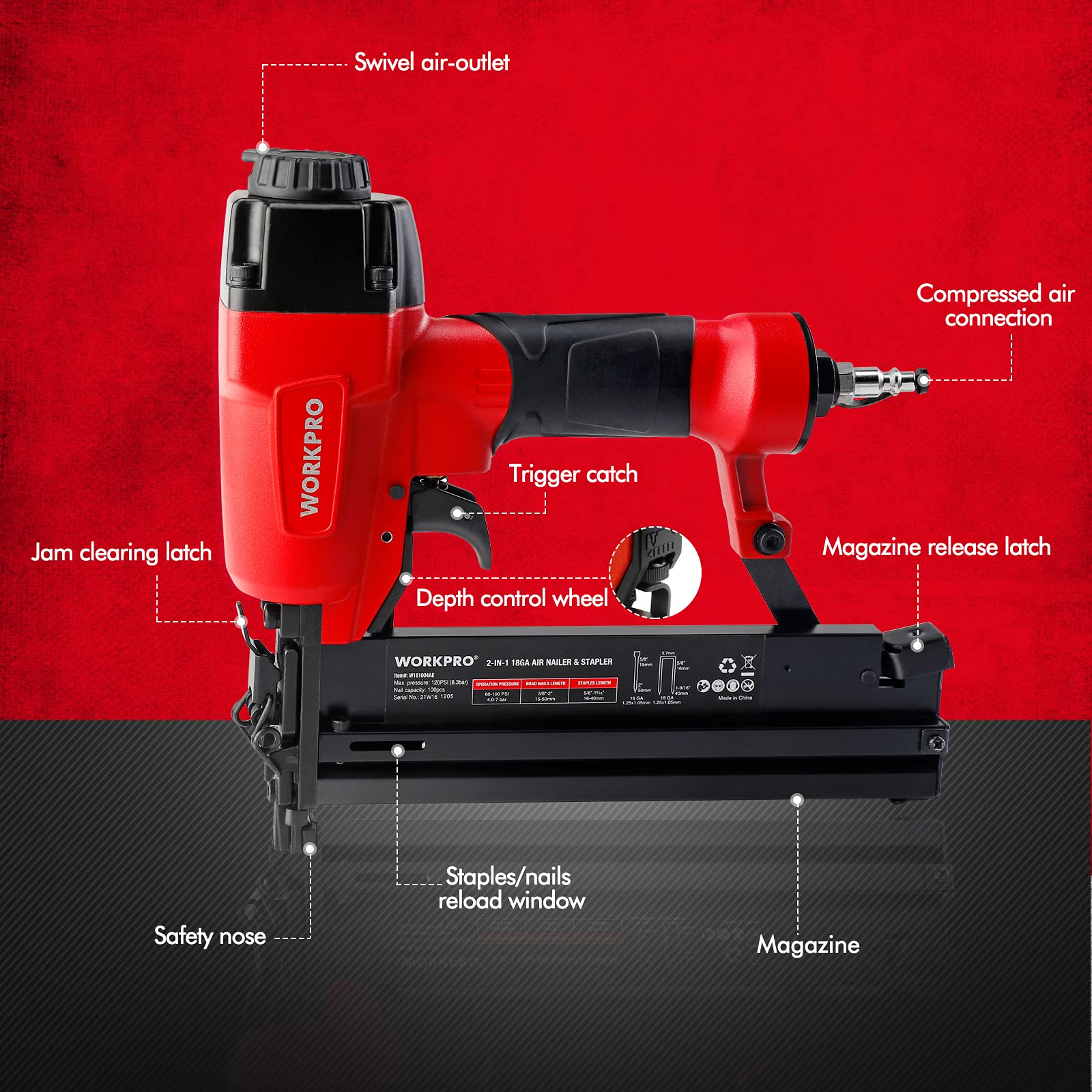 Foto 3 pulgar | Pistola De Clavos Y Grapadora De Corona Workpro Pneumatic 18ga 2 En 1 - Venta Internacional.