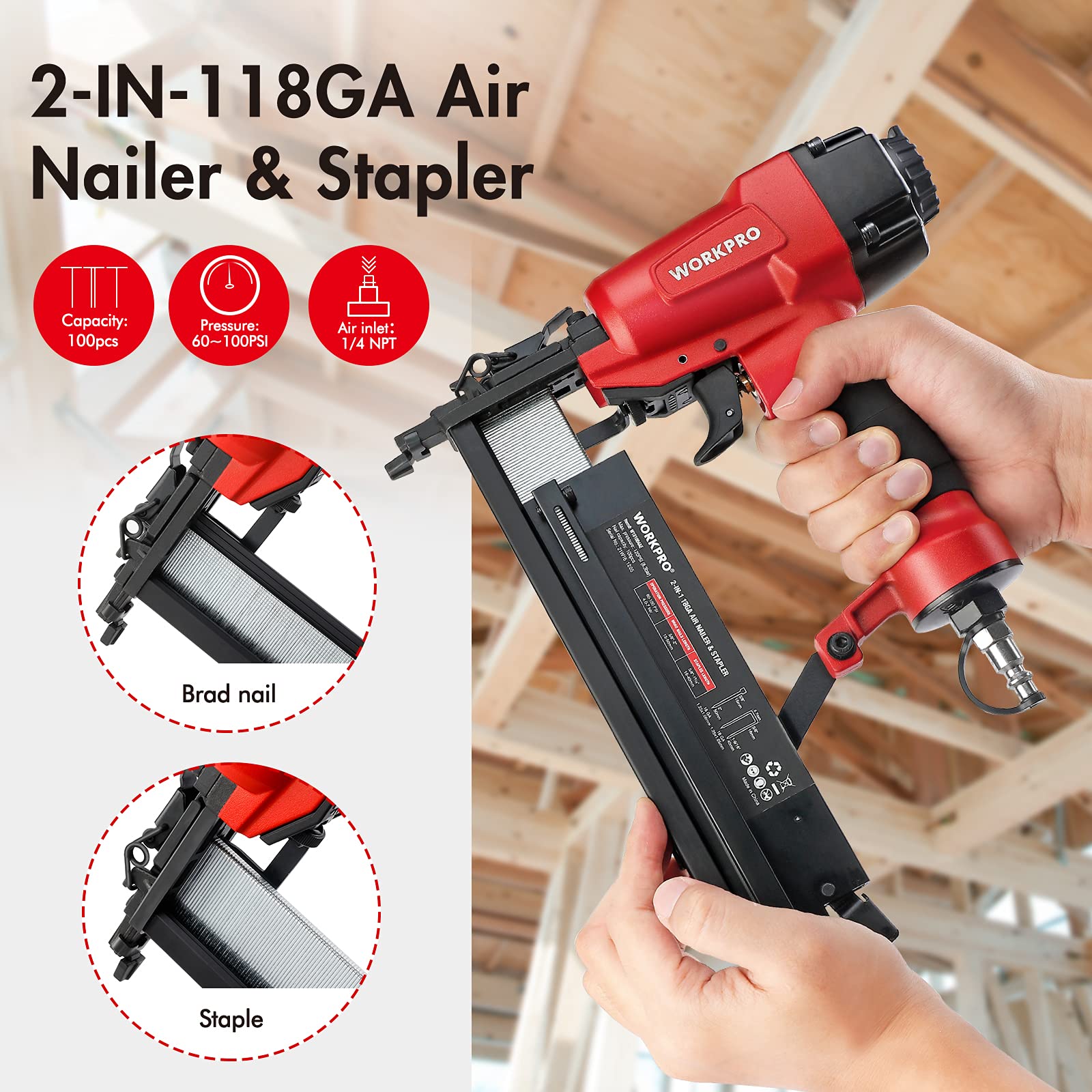 Foto 5 pulgar | Pistola De Clavos Y Grapadora De Corona Workpro Pneumatic 18ga 2 En 1 - Venta Internacional.