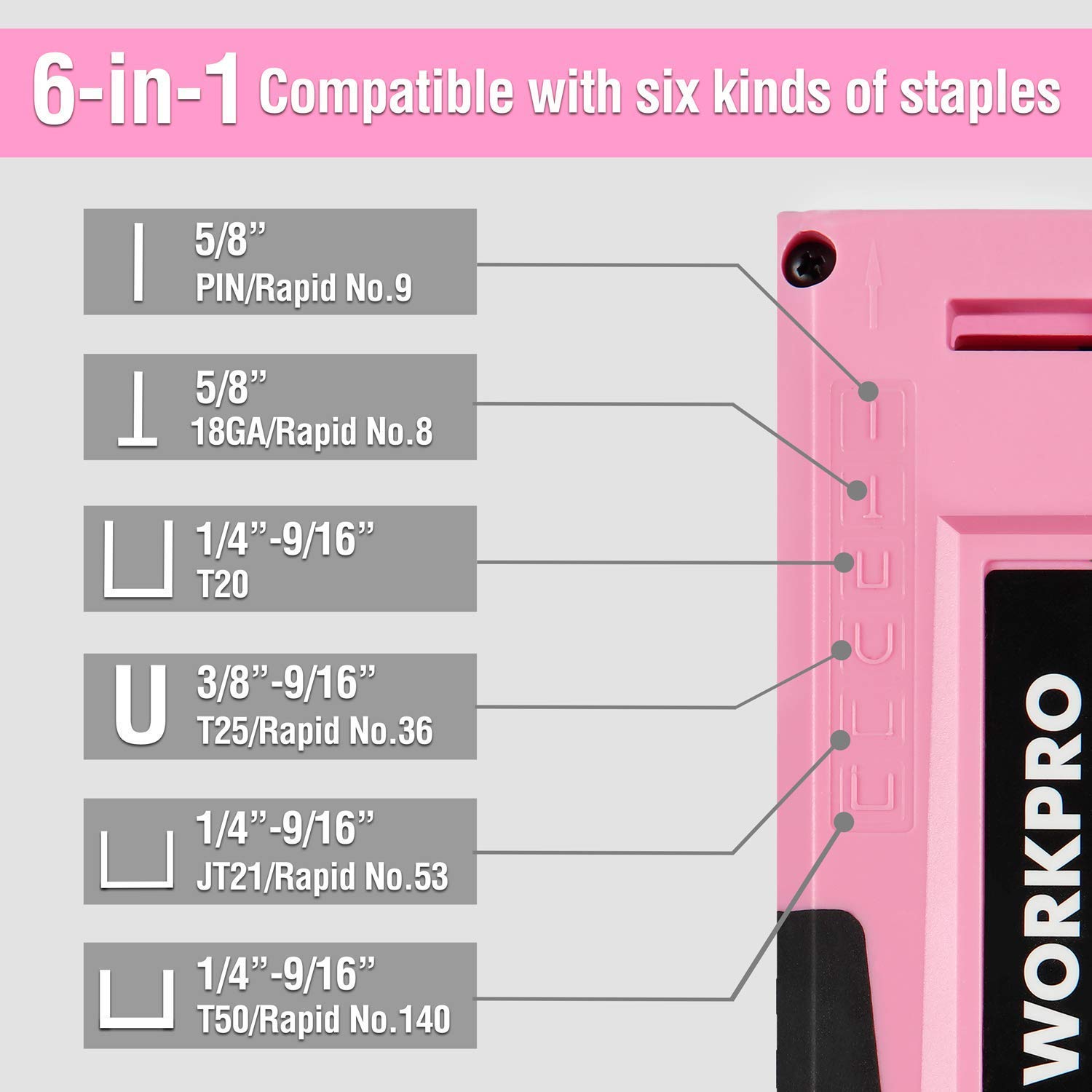 Foto 5 pulgar | Clavadora Manual Staple Gun Workpro Pink 6 En 1 Con Grapas - Venta Internacional.