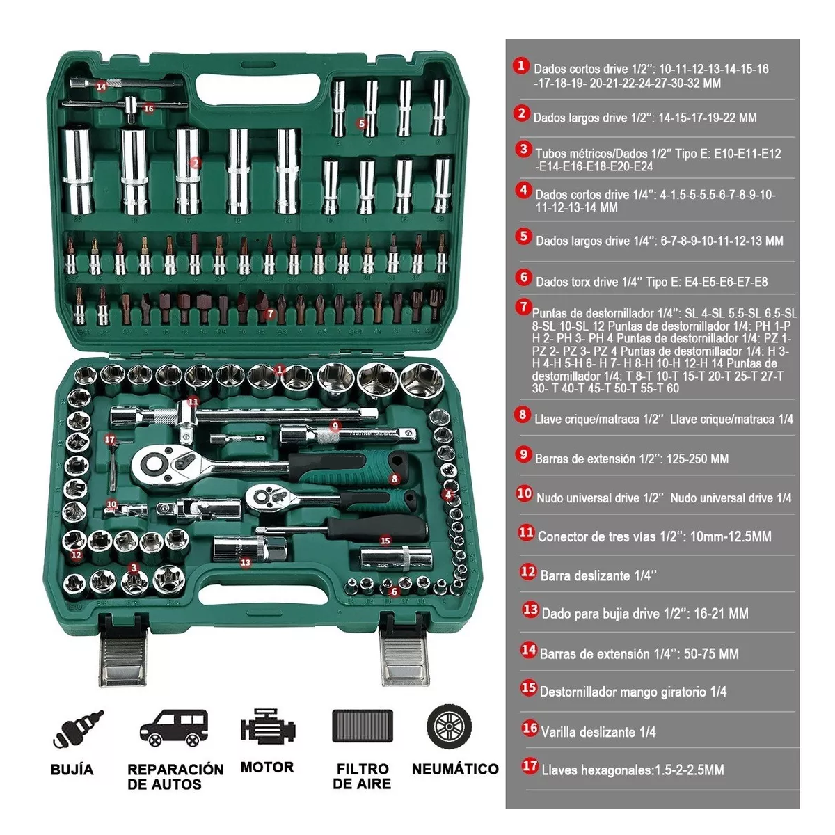 Foto 6 pulgar | Juego de Herramientas Autocle con Estuche Dados Eo Safe Imports Esi-5246 Verde 108 Piezas