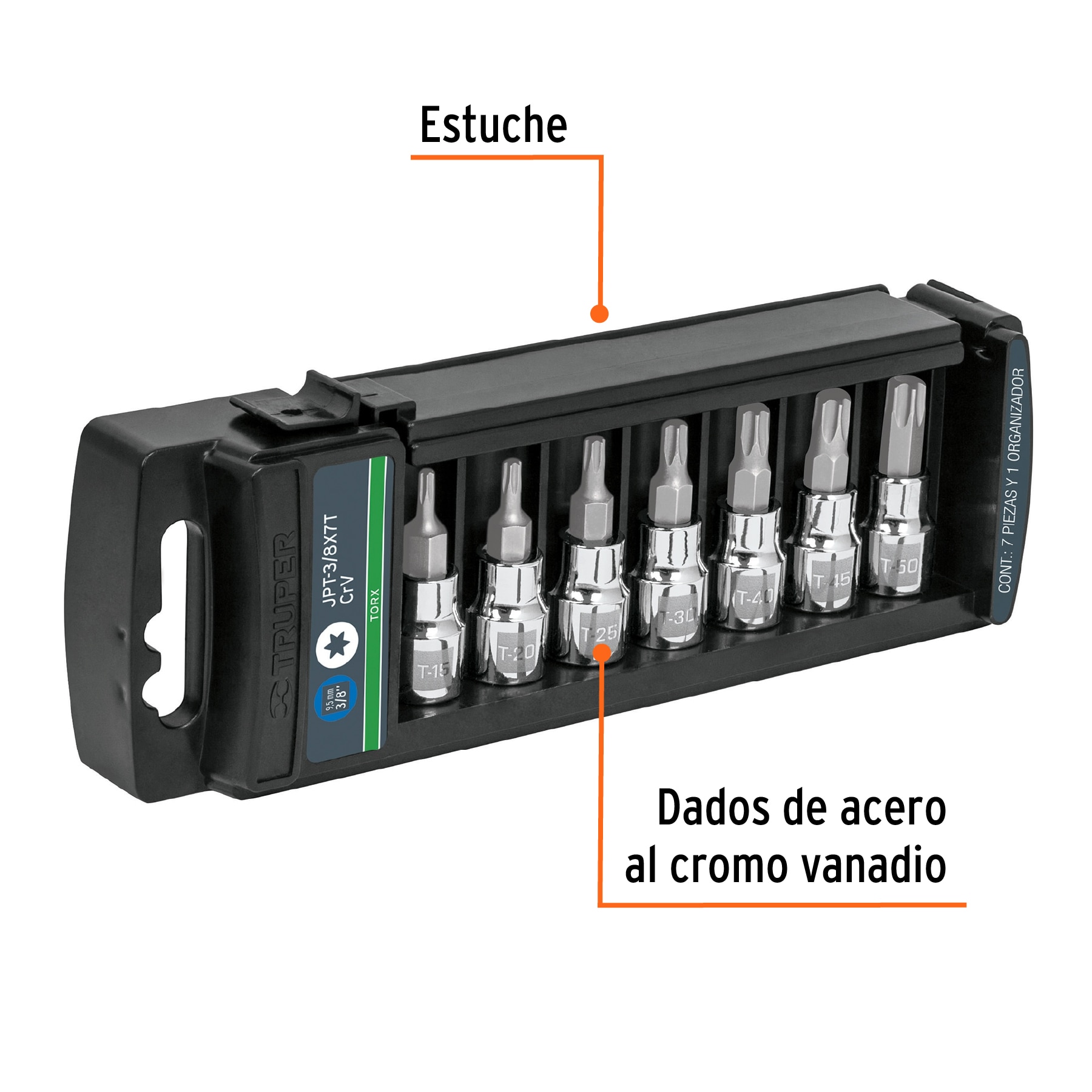 Foto 2 | Juego de 7 Dados Cuadro Truper JPT-3/8X7T color Negro 3/8' Punta Torx