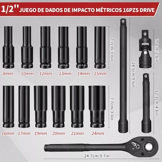 Foto 2 | Juego De Dados Alto Impacto De Aire De 1/2 16 Piezas Eo Safe Imports Esi-12366 Negro