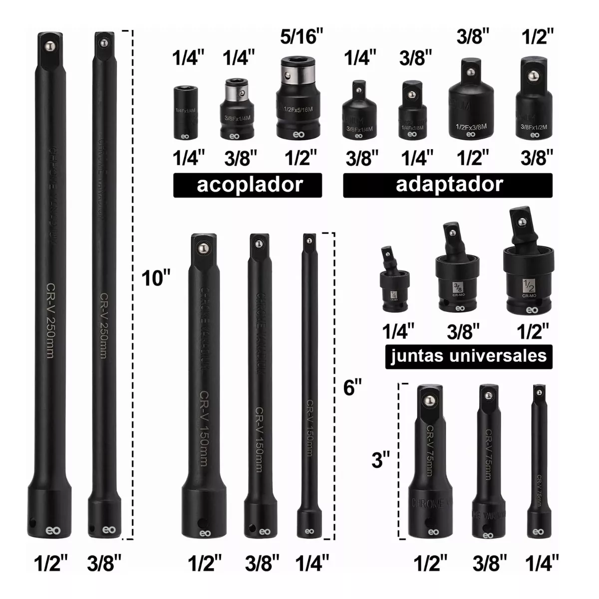 Foto 3 pulgar | Adaptador Accesorios Taladro Dados Impacto Uso Pesado Set 18pz Eo Safe Imports Esi-13105 Negro