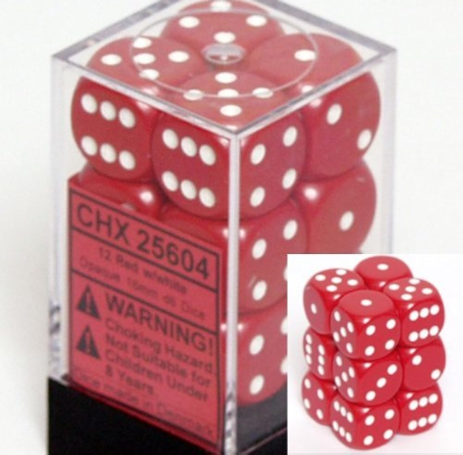 Juego De Dados Chessex D6 Rojo Opaco Con Blanco De 16 Mm (12 Dados) - Venta Internacional.